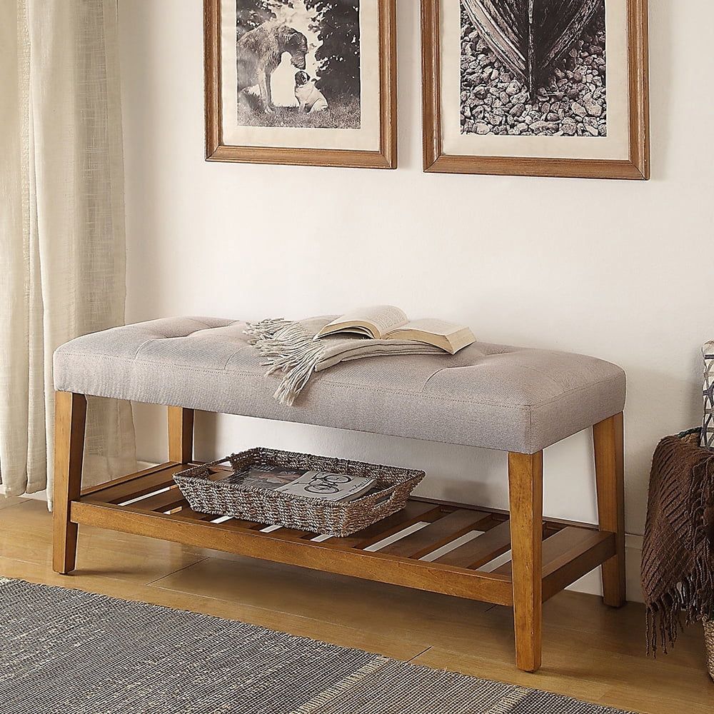 Light Grey and Oak Tufted Padded Seat Bench with Storage Shelf