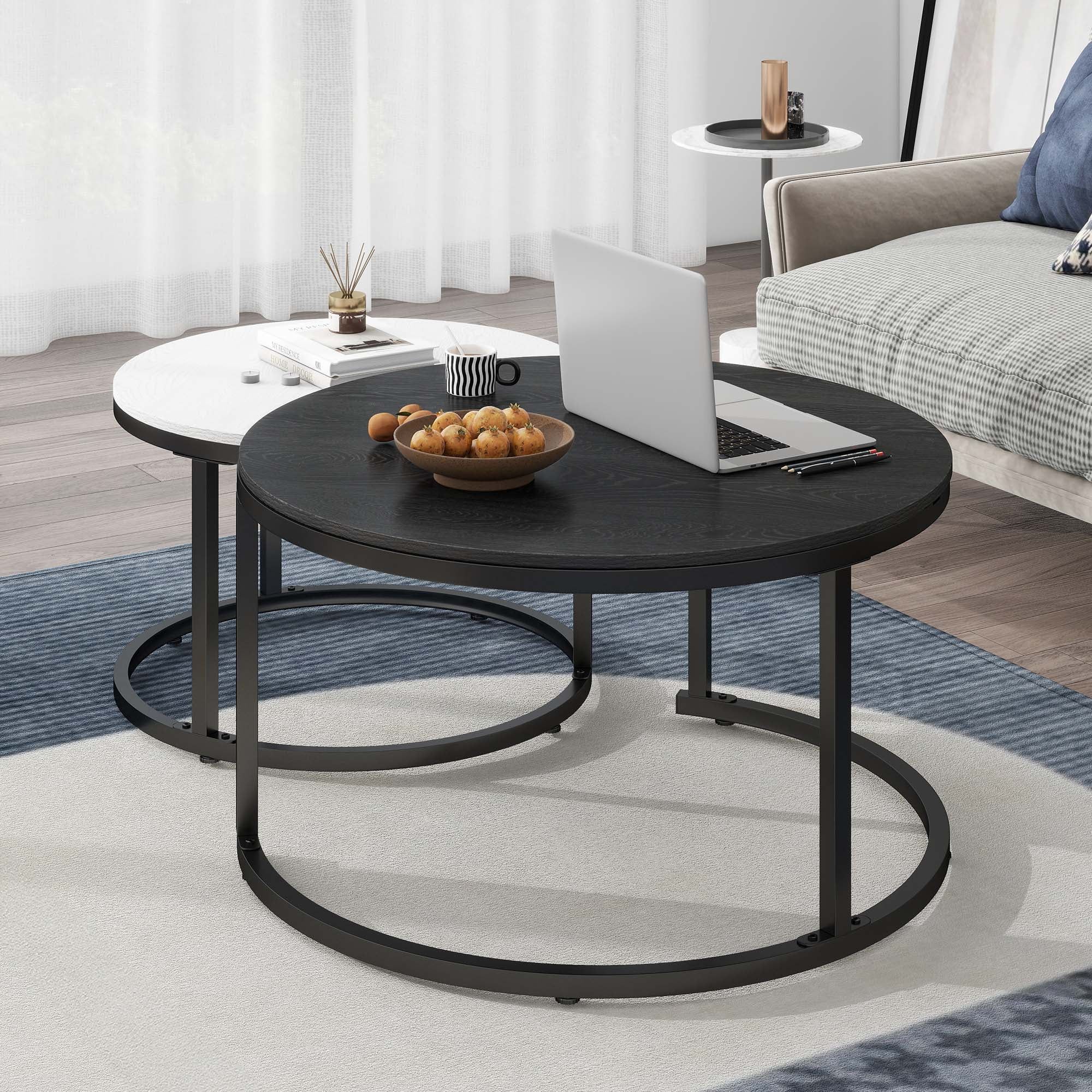 Modern Black and White Round Wood Nesting Coffee Table Set