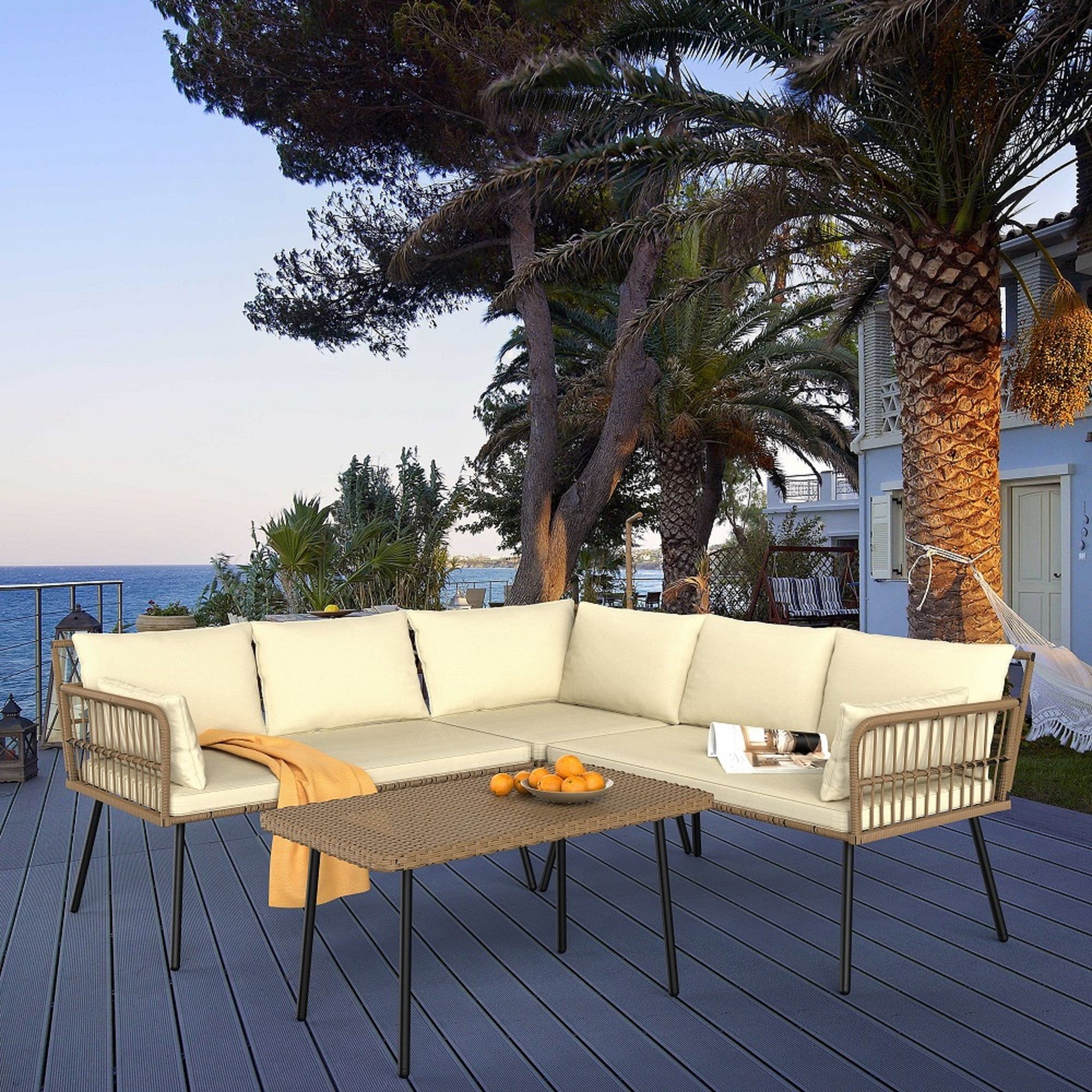 Beige 5-Person Iron Frame Outdoor Sectional Sofa Set