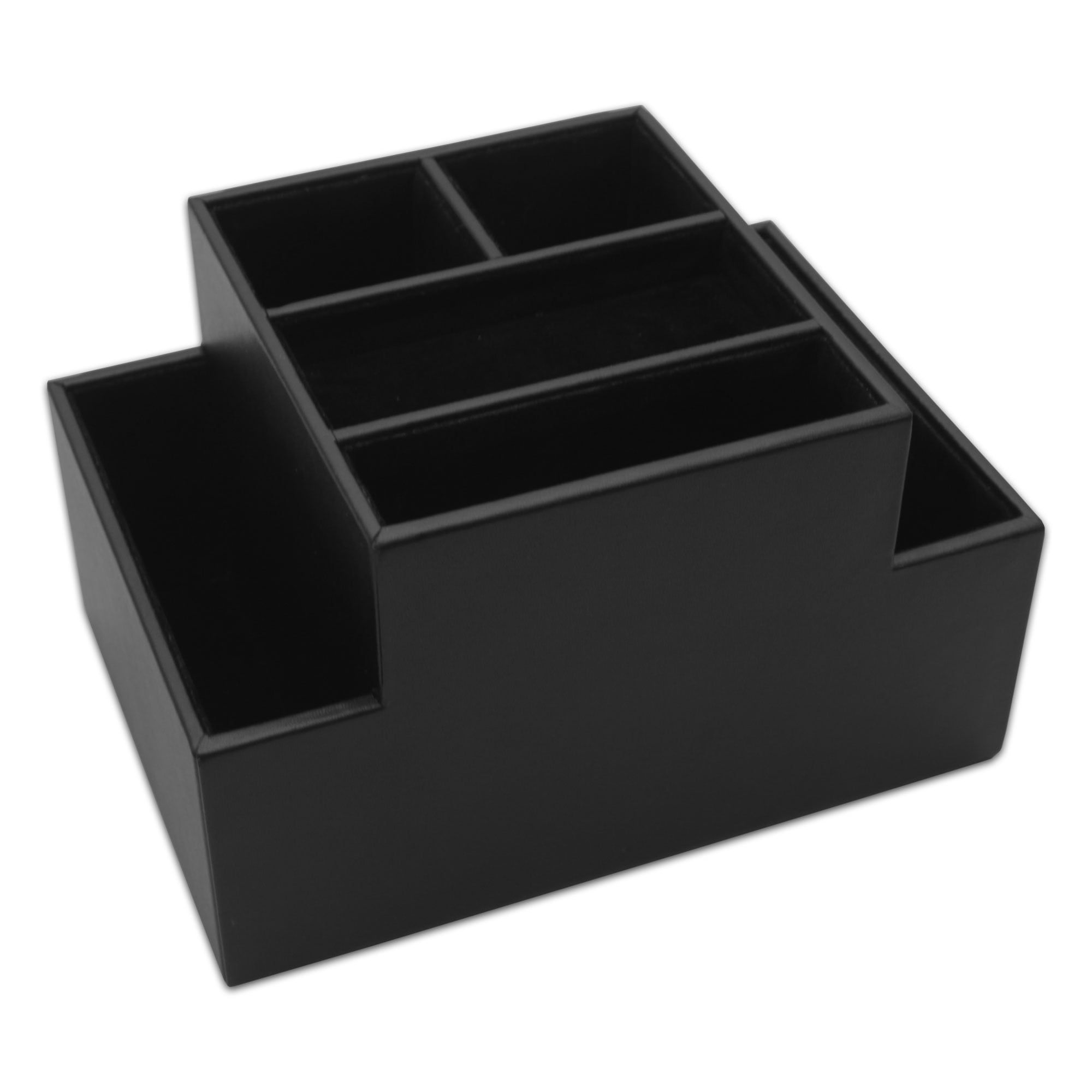 Black Leather Multi-Compartment Desk Organizer with Velveteen Lining