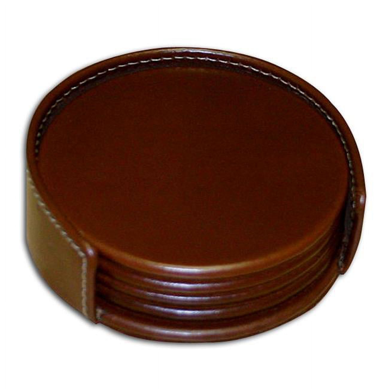 Rustic Brown Top-Grain Leather 4-Piece Coaster Set with Holder