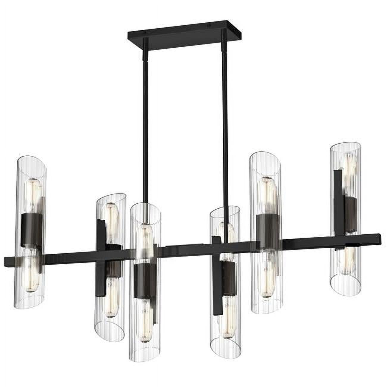 Elegant Fluted Glass 12-Light Matte Black Chandelier