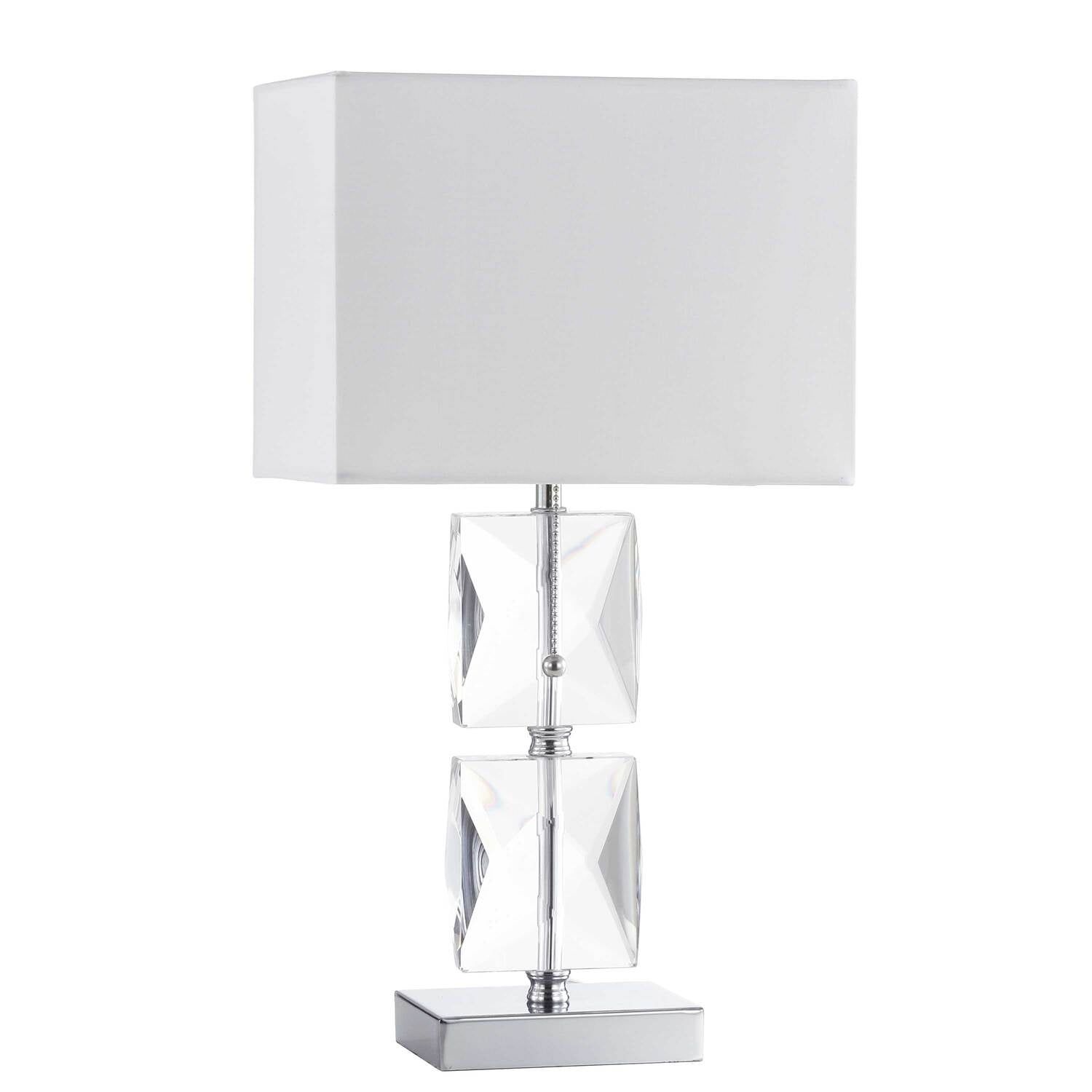 Clear Crystal and Chrome Table Lamp with White Shade