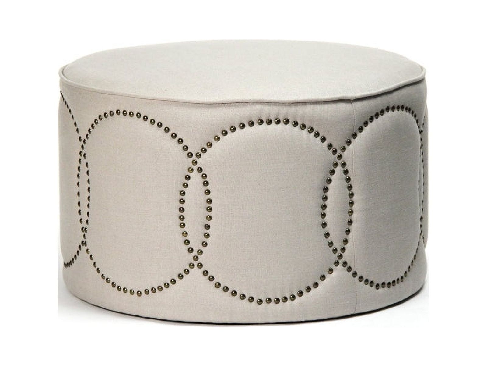 Daisi Round Natural Linen Ottoman with Nailhead Trim