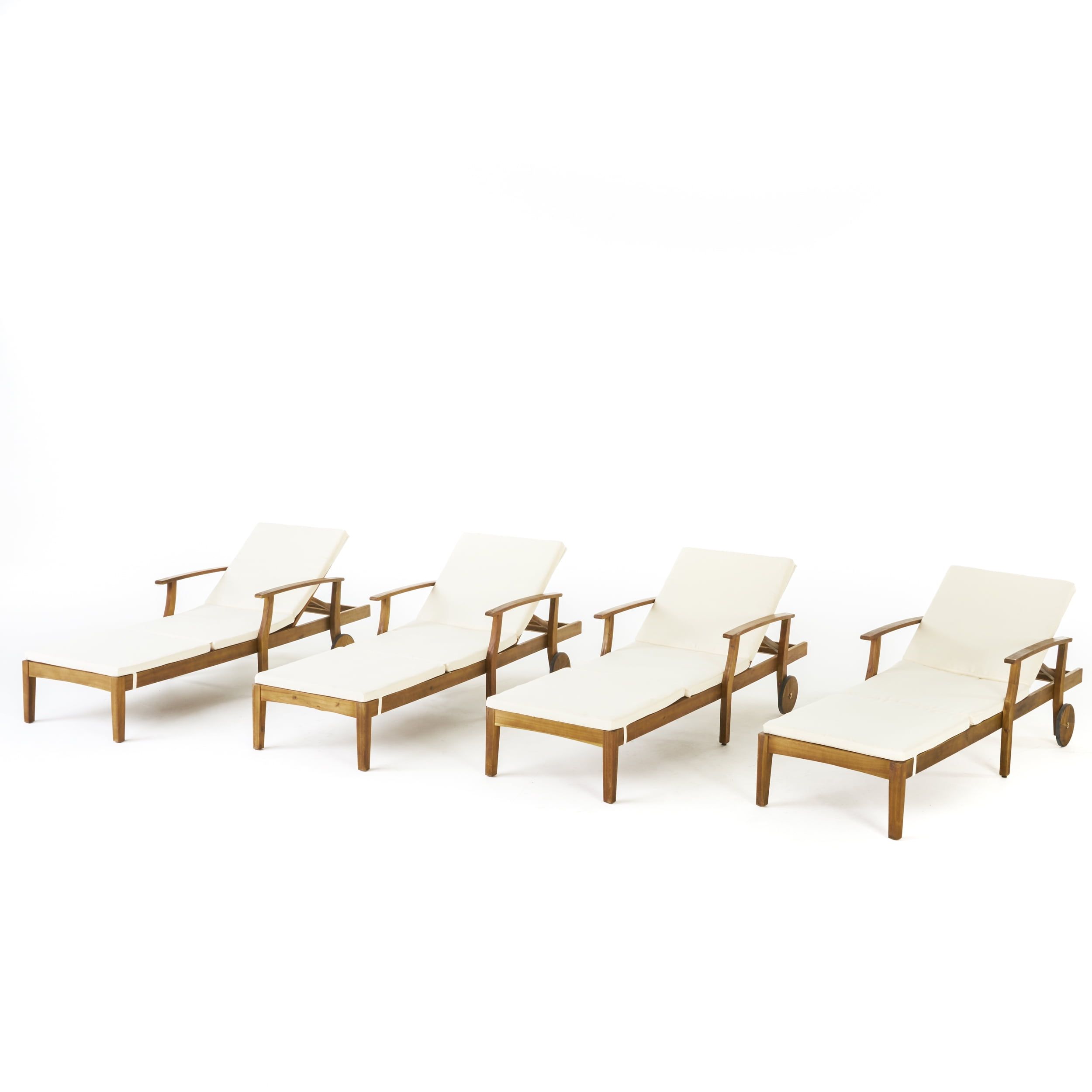 Teak Finish Acacia Wood Chaise Lounges with Cream Cushions, Set of 4