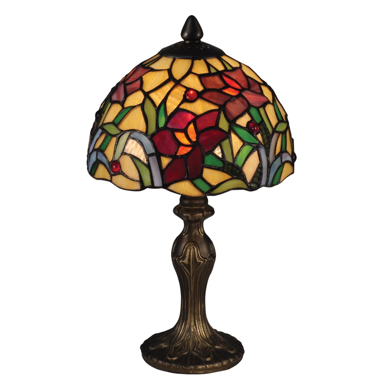 Sunny Amber Floral Fantasy 14" Stained Glass Accent Lamp with Bronze Base