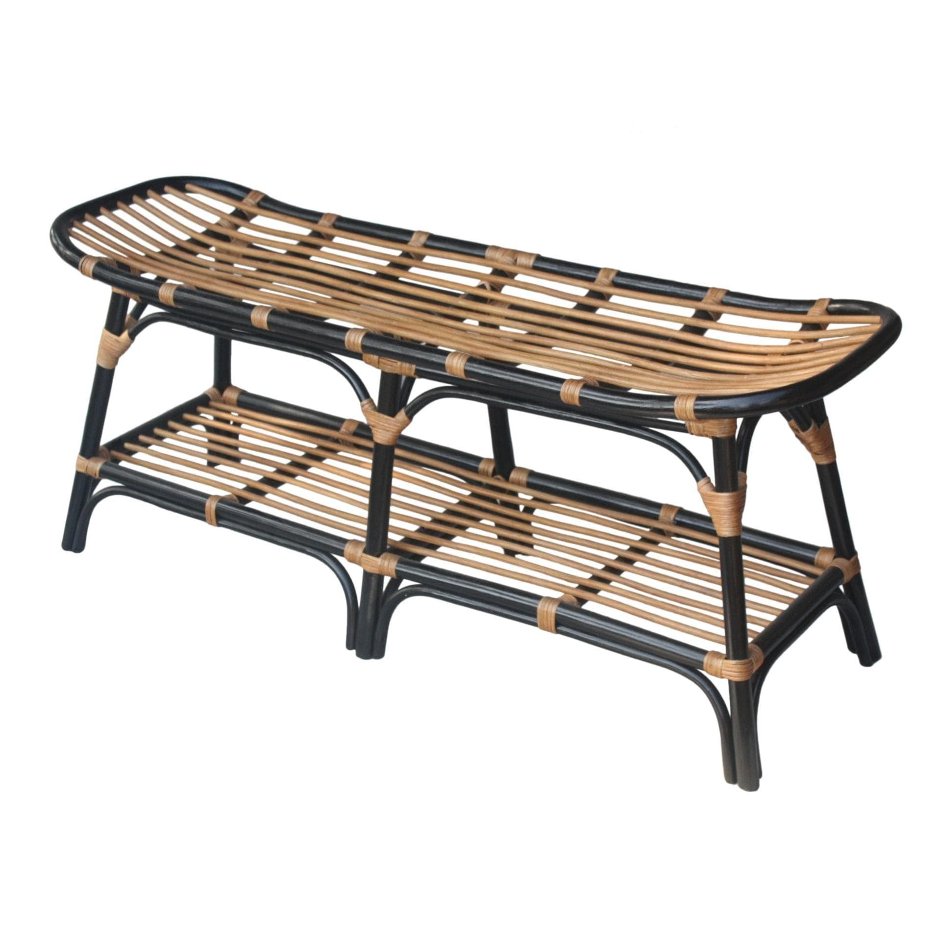 Boho-Chic Black Rattan Bench with Open Shelf Design