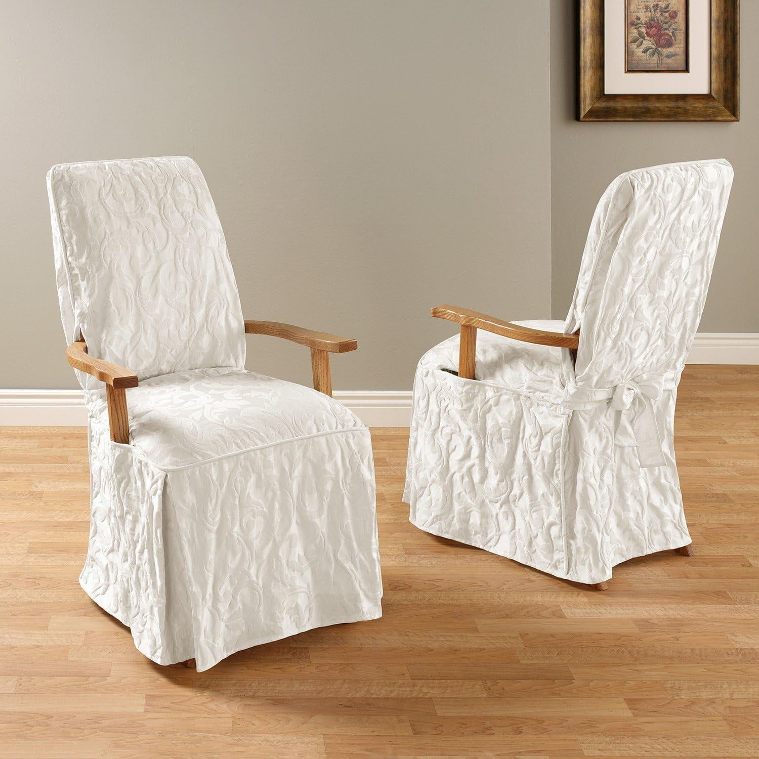 White Damask Upholstery Dining Chair Cover with Ties