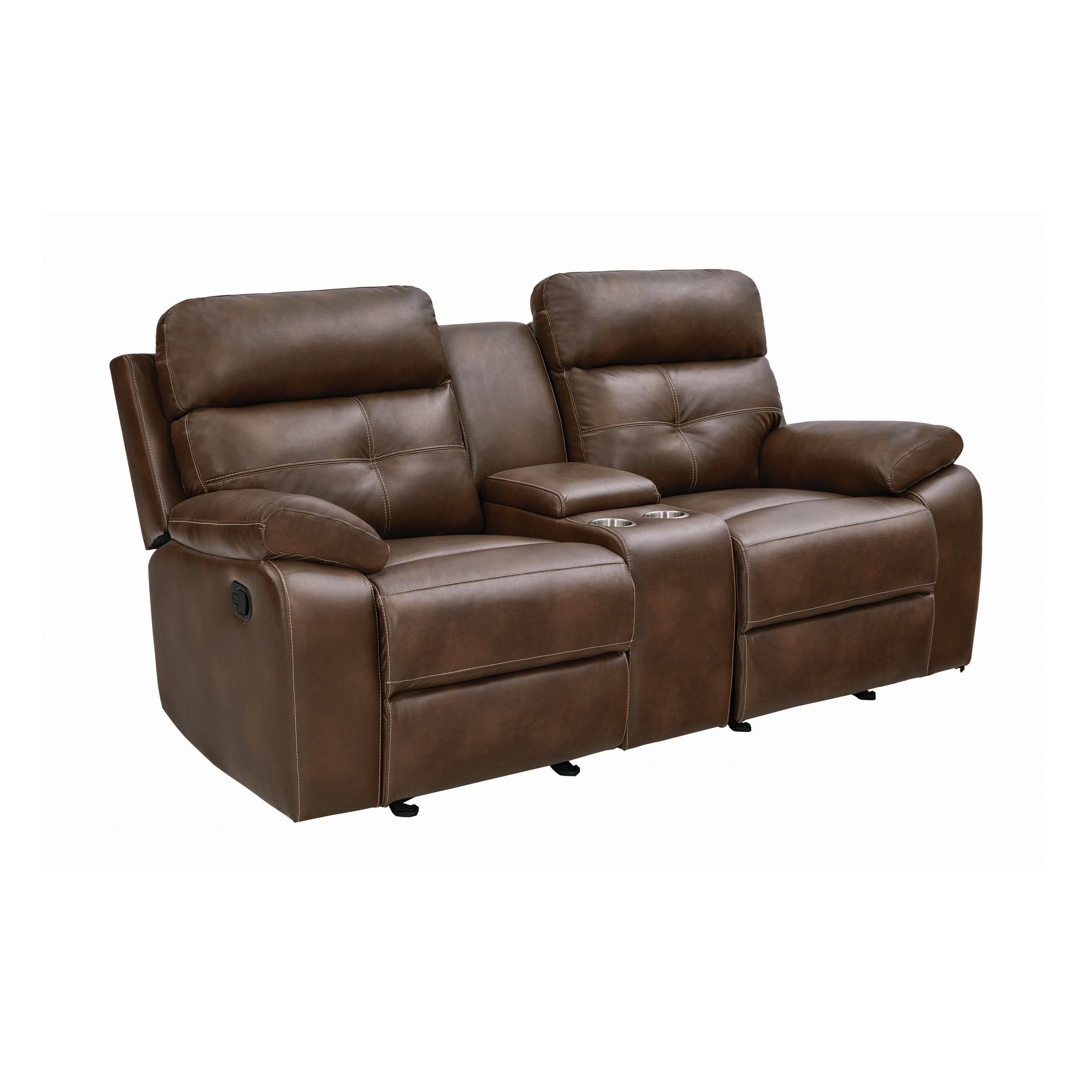 Transitional Brown Faux Leather Reclining Loveseat with Storage and Cup Holders