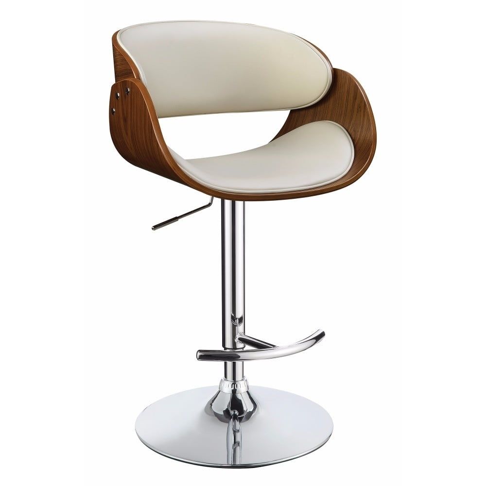 Ecru and Walnut Adjustable Swivel Bar Stool with Chrome Base