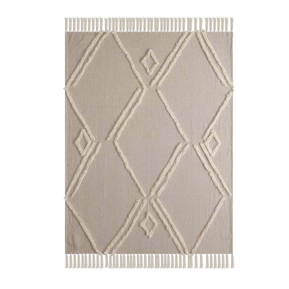 Beige and Cream Cotton Fringe Throw Blanket, 50" x 60"