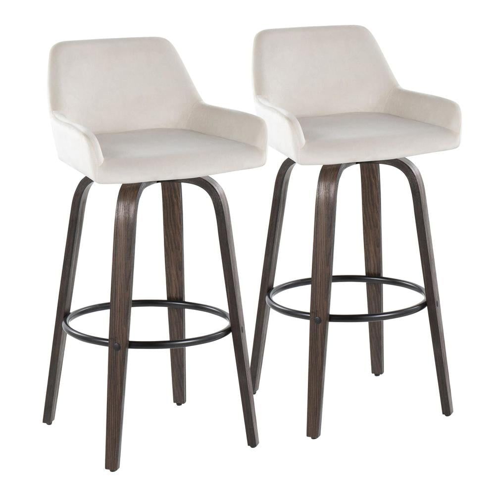 Daniella 30" White Velvet and Walnut Swivel Barstools - Set of 2