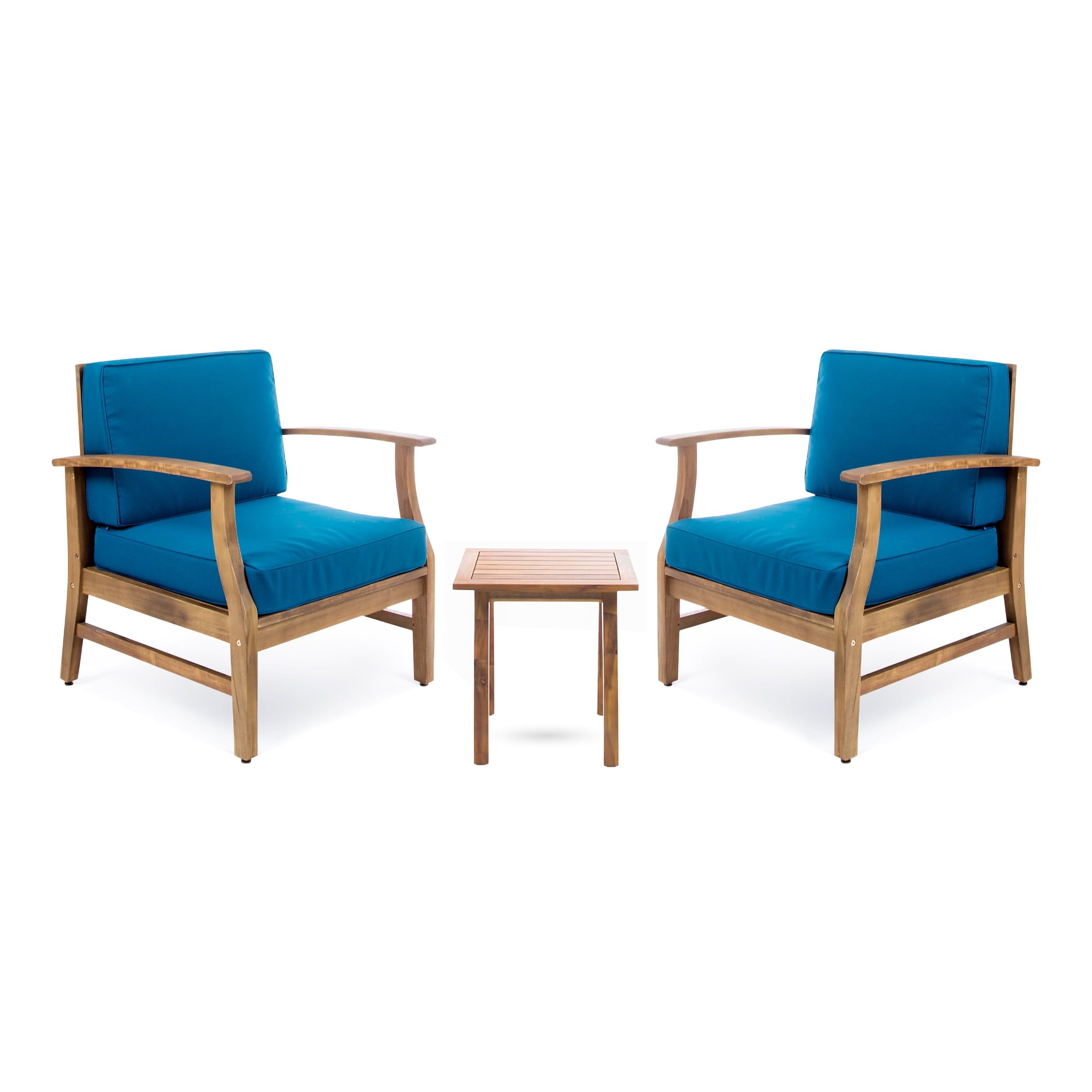 Teak and Blue Acacia Wood 3-Piece Outdoor Chat Set