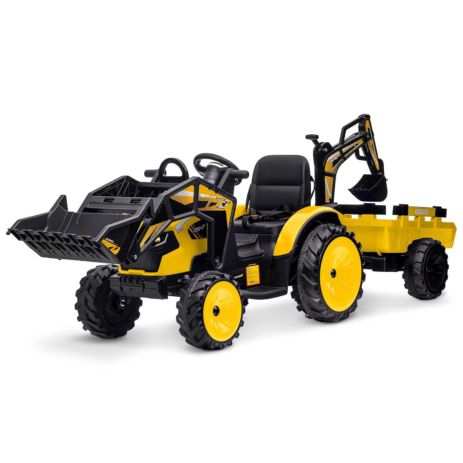 Yellow 24V 3-in-1 Ride-On Tractor with Trailer and Shovel