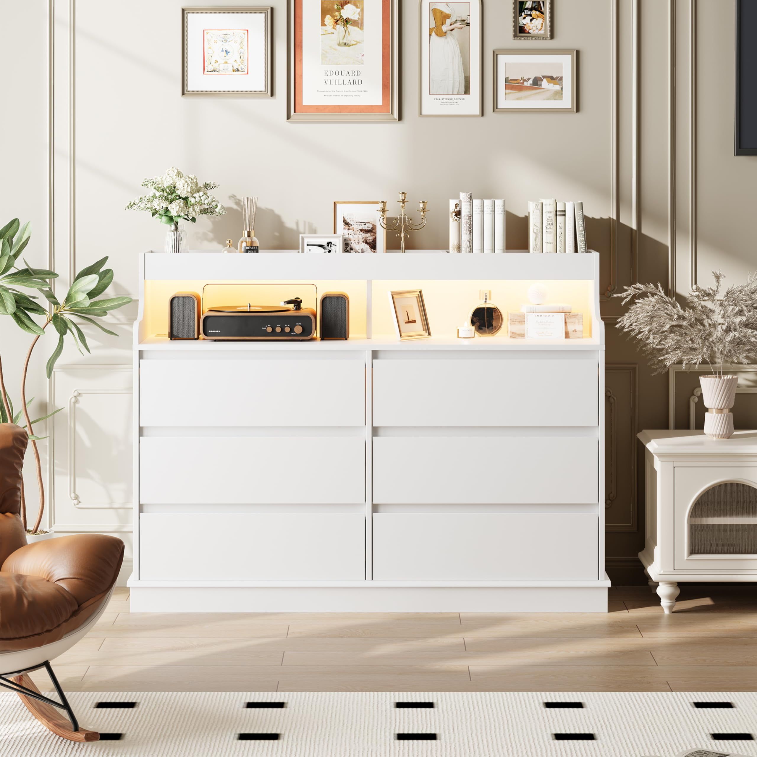 White Modern MDF Wood Dresser with LED Lights and Charging Station