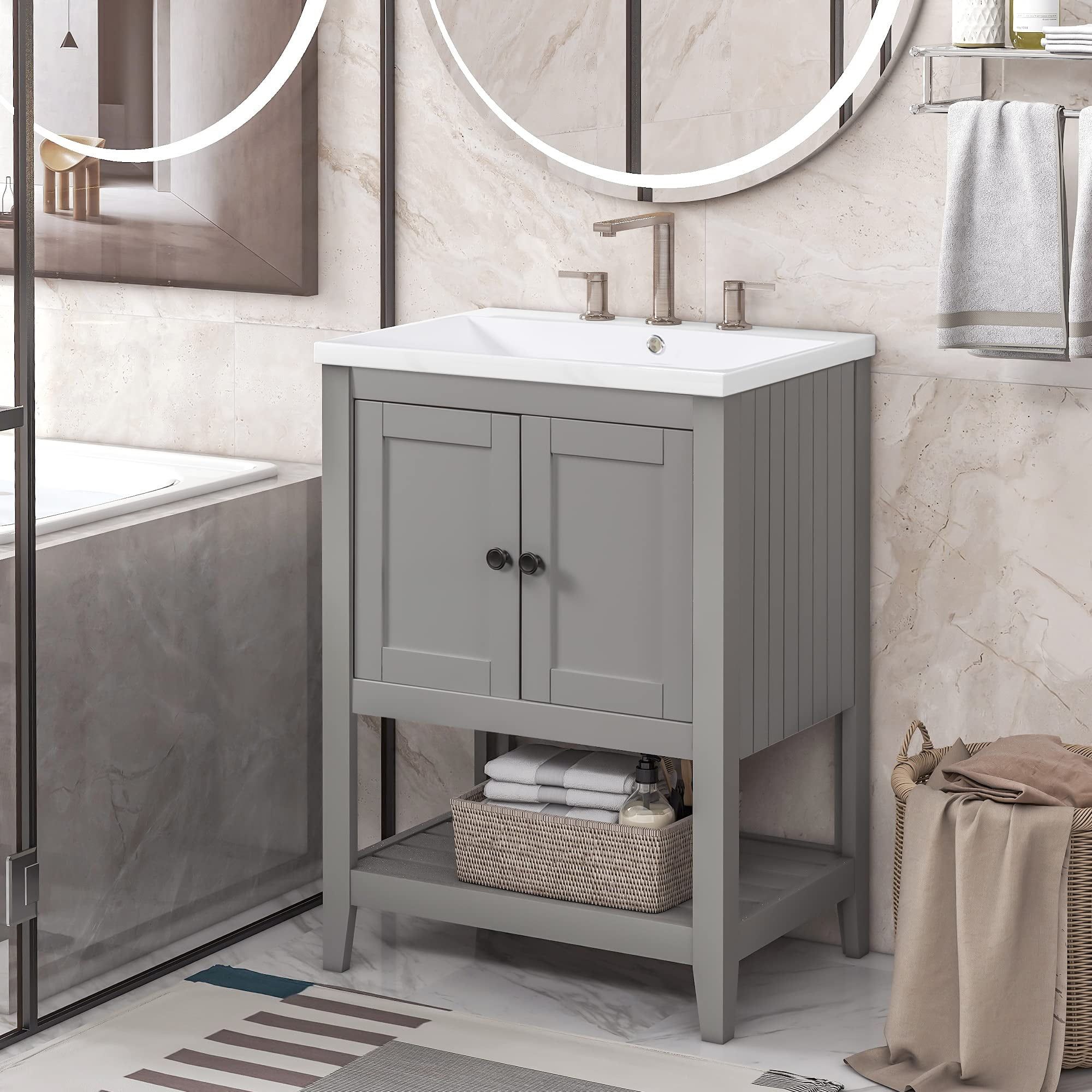 Gray 24 Inch Modern Bathroom Vanity with Ceramic Sink