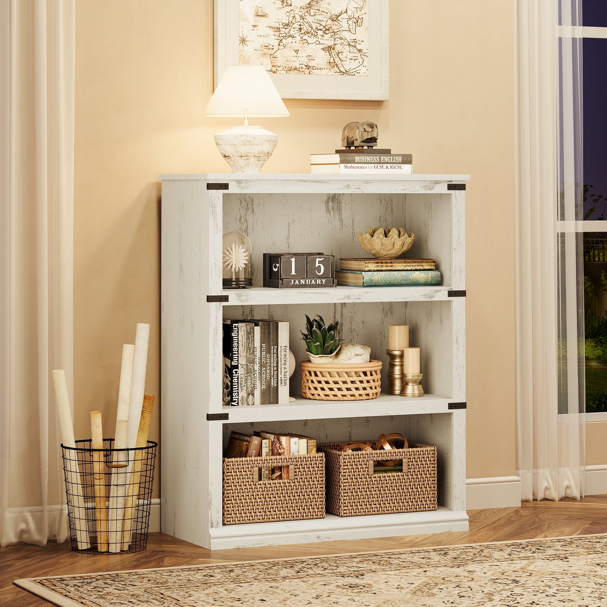 White 40" Farmhouse 3-Tier MDF and Metal Bookcase