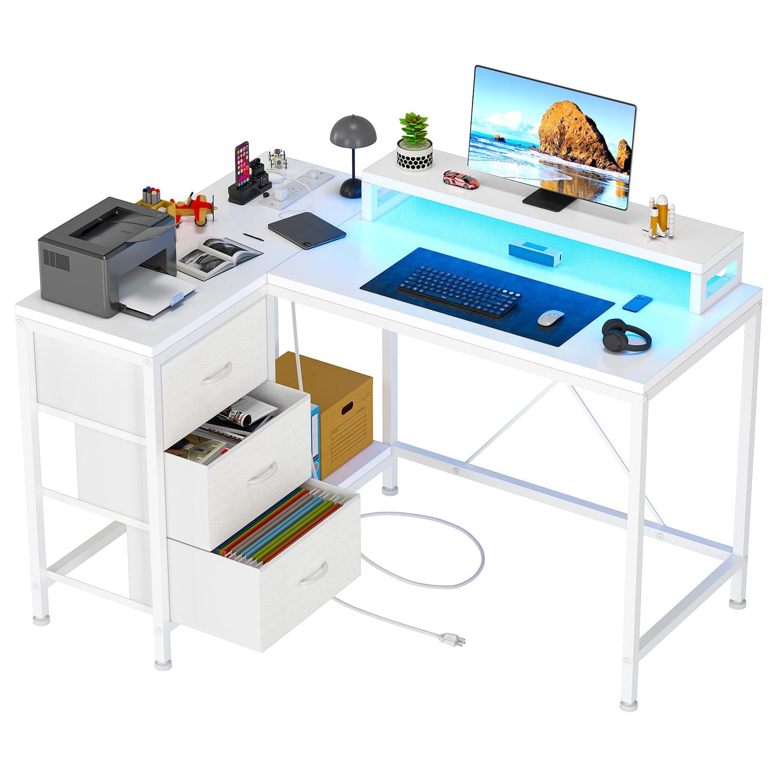 White L-Shaped Gaming Desk with Drawers, Power Outlets, and LED Lights