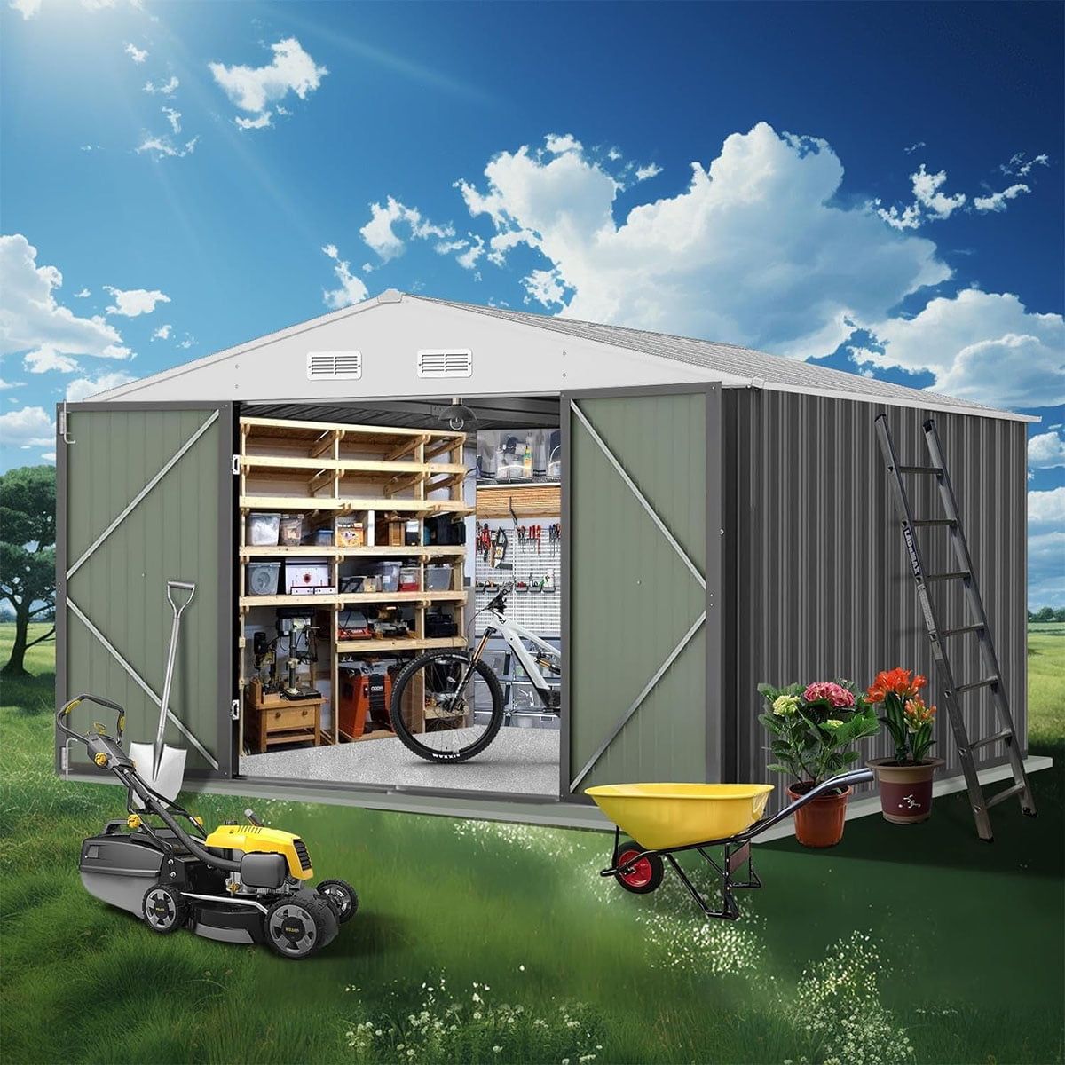 Soonbuy 10x8 FT Gray Steel Outdoor Storage Shed with Lockable Door