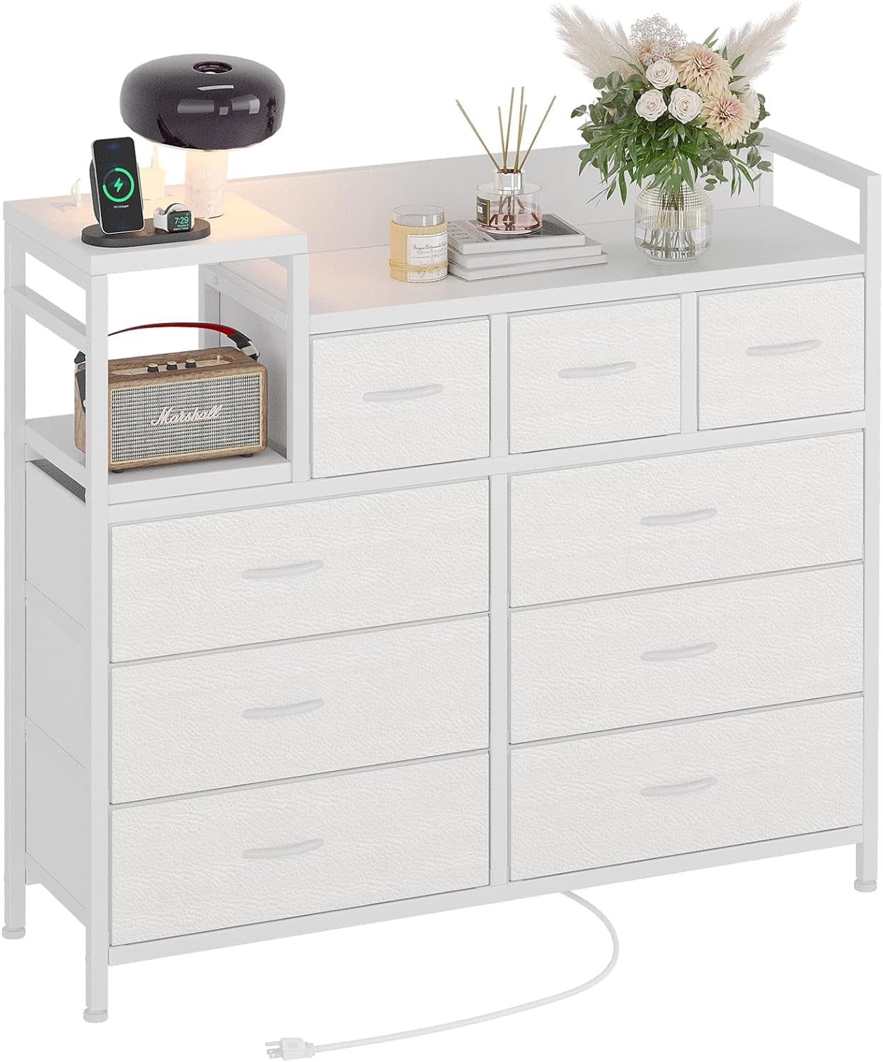 White 9-Drawer TV Stand with Charging Station and Open Shelf