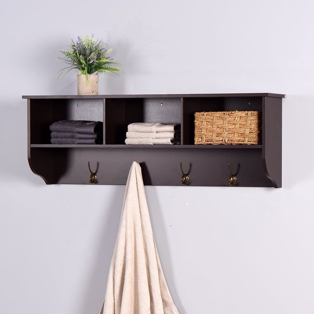 Espresso MDF Wall-Mounted Coat Rack with Shelf and Hooks