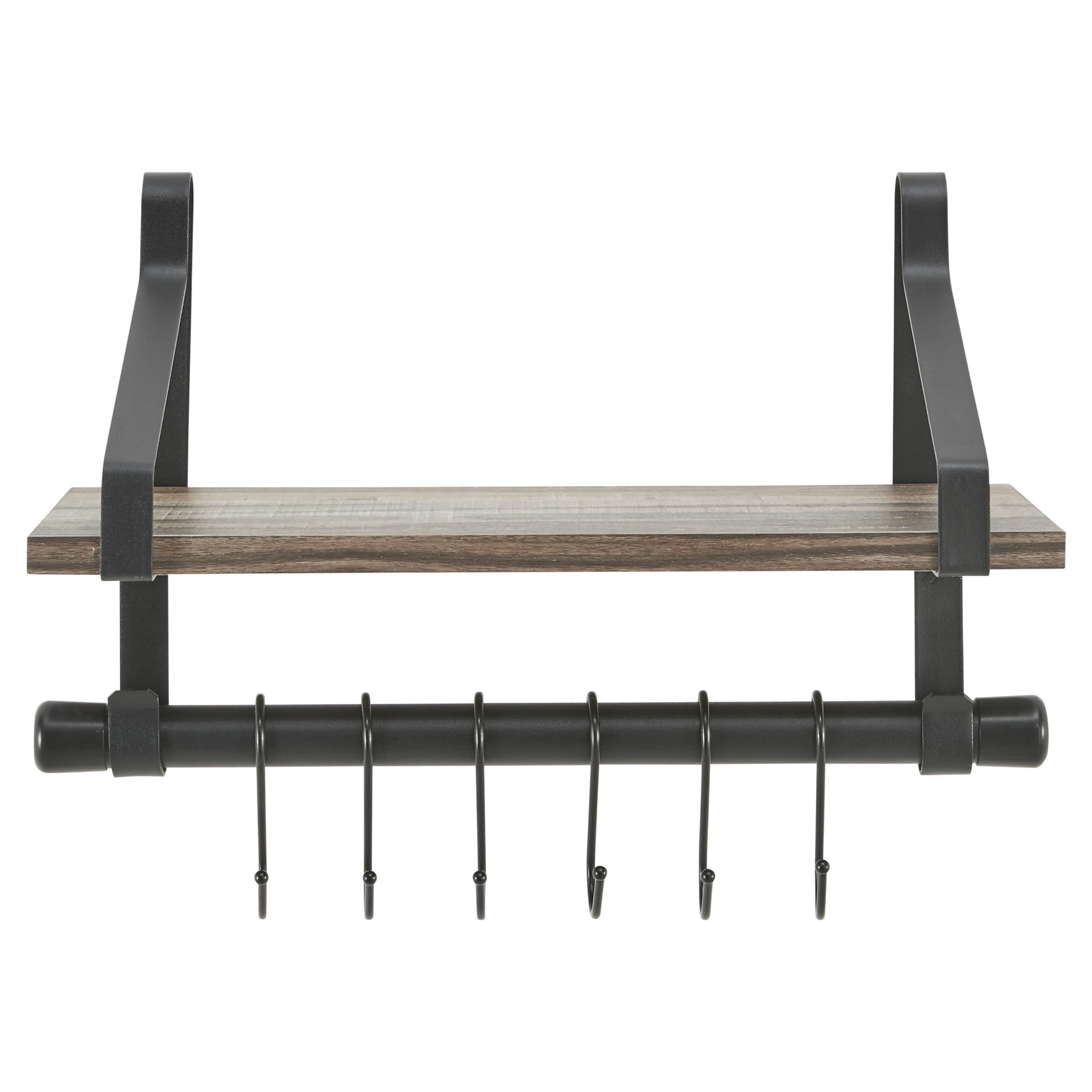 Black Rustic Wood Wall Shelf with Hooks and Rod