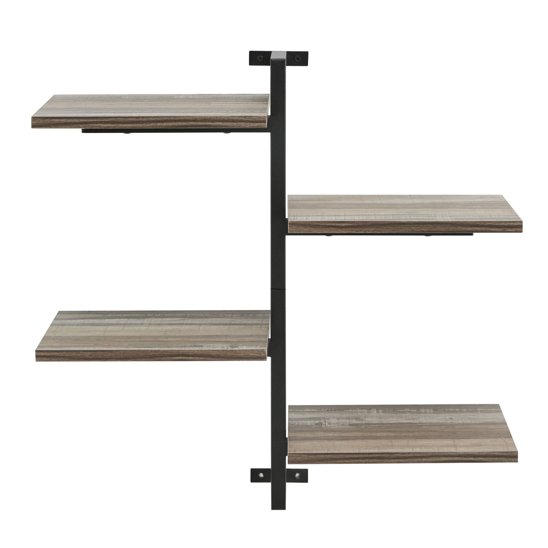 Black Iron and Wood 4-Tier Floating Wall Shelf