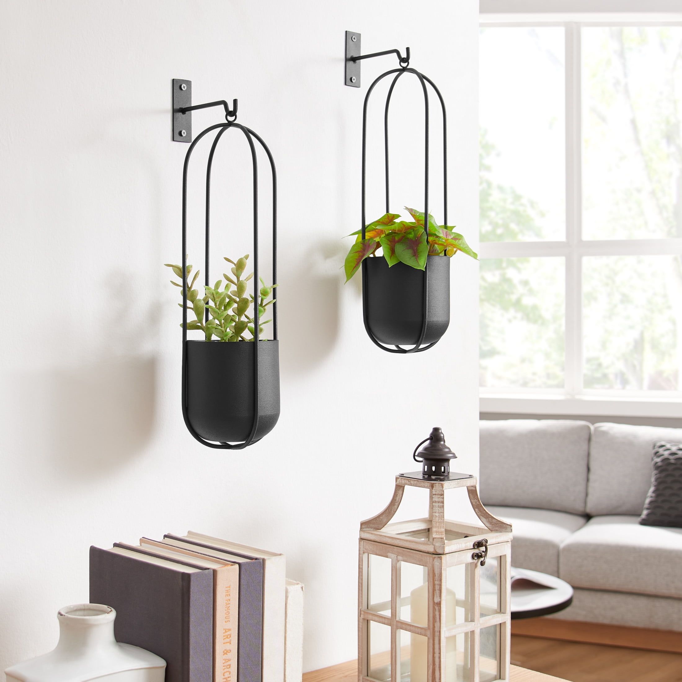 Modern Black Metal Oval Wall Hanging Planter Set