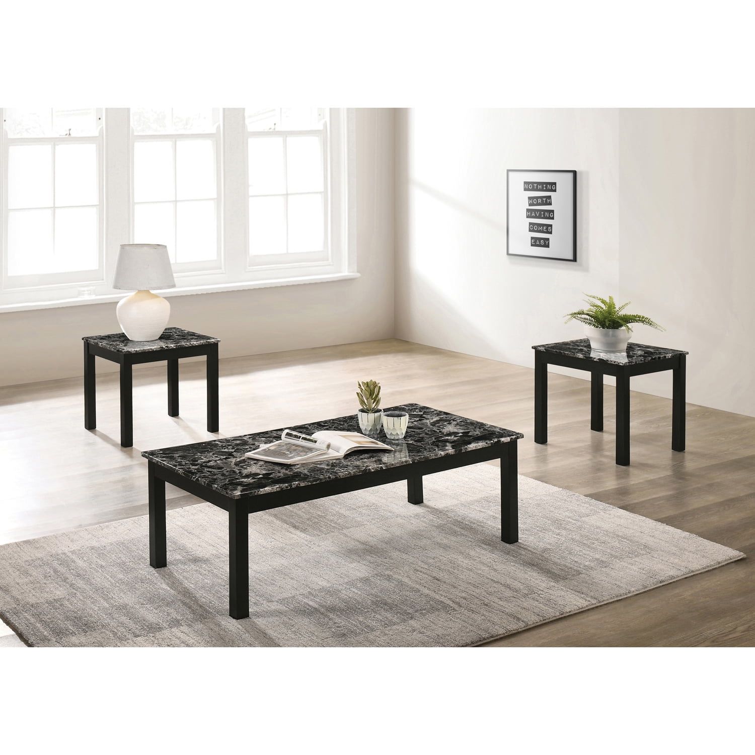 Black Faux Marble 3-Piece Rectangular Occasional Table Set