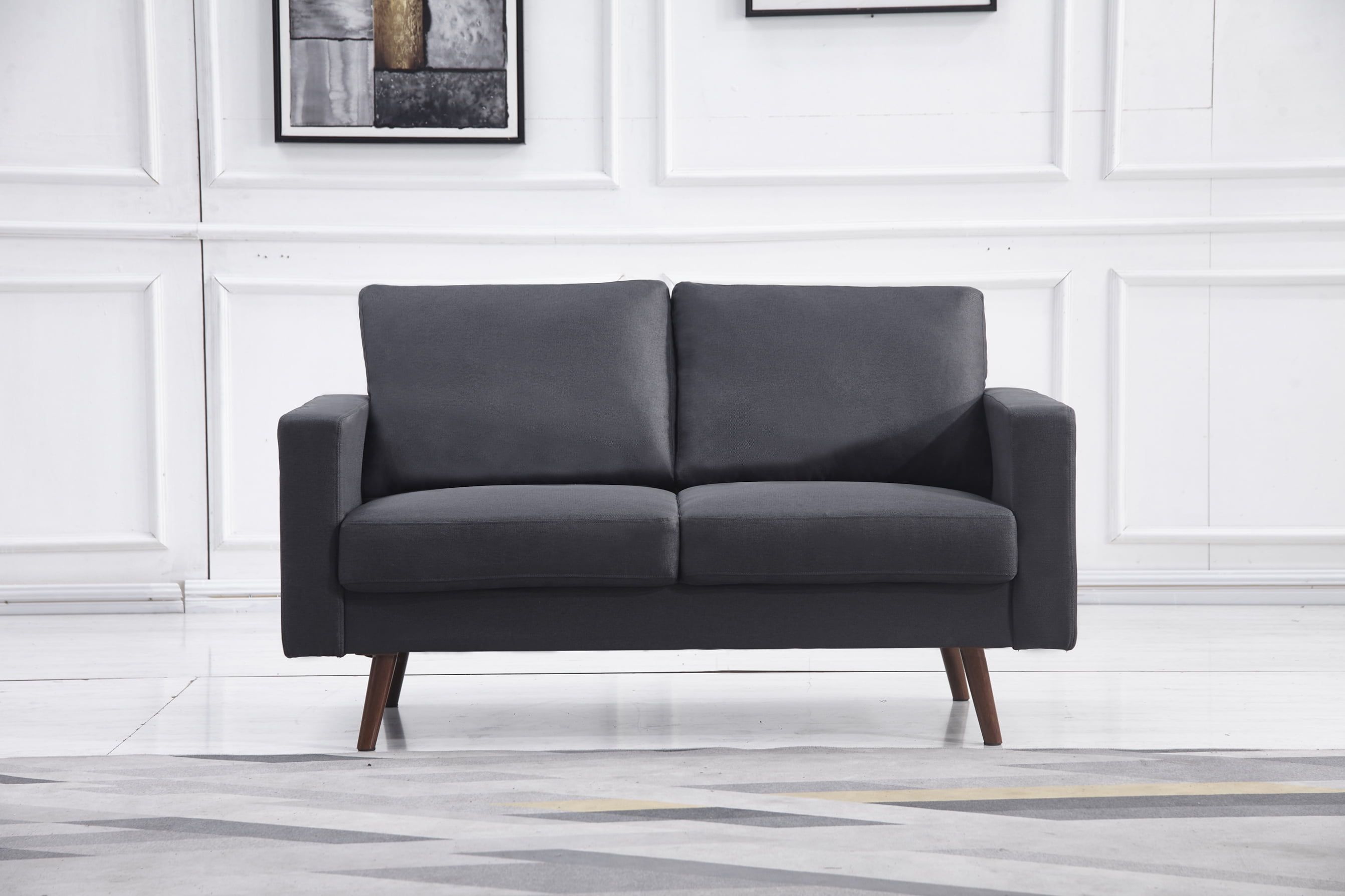 Dark Gray Linen Upholstered Loveseat with Metal Legs