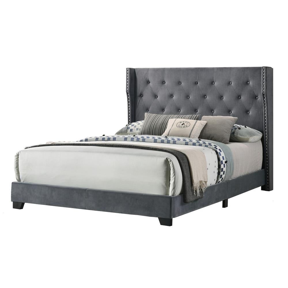 King-Size Luxe Velvet Tufted Headboard Bed with Nailhead Trim