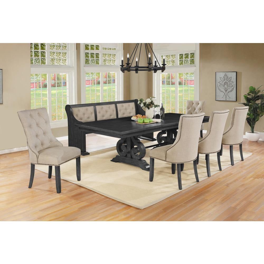 Dark Gray Wood Extendable Dining Set with Beige Linen Chairs and Bench