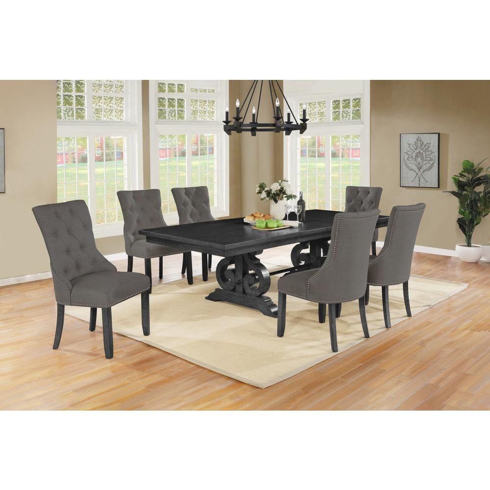 Dark Gray Wood Extendable Dining Set with Gray Linen Chairs