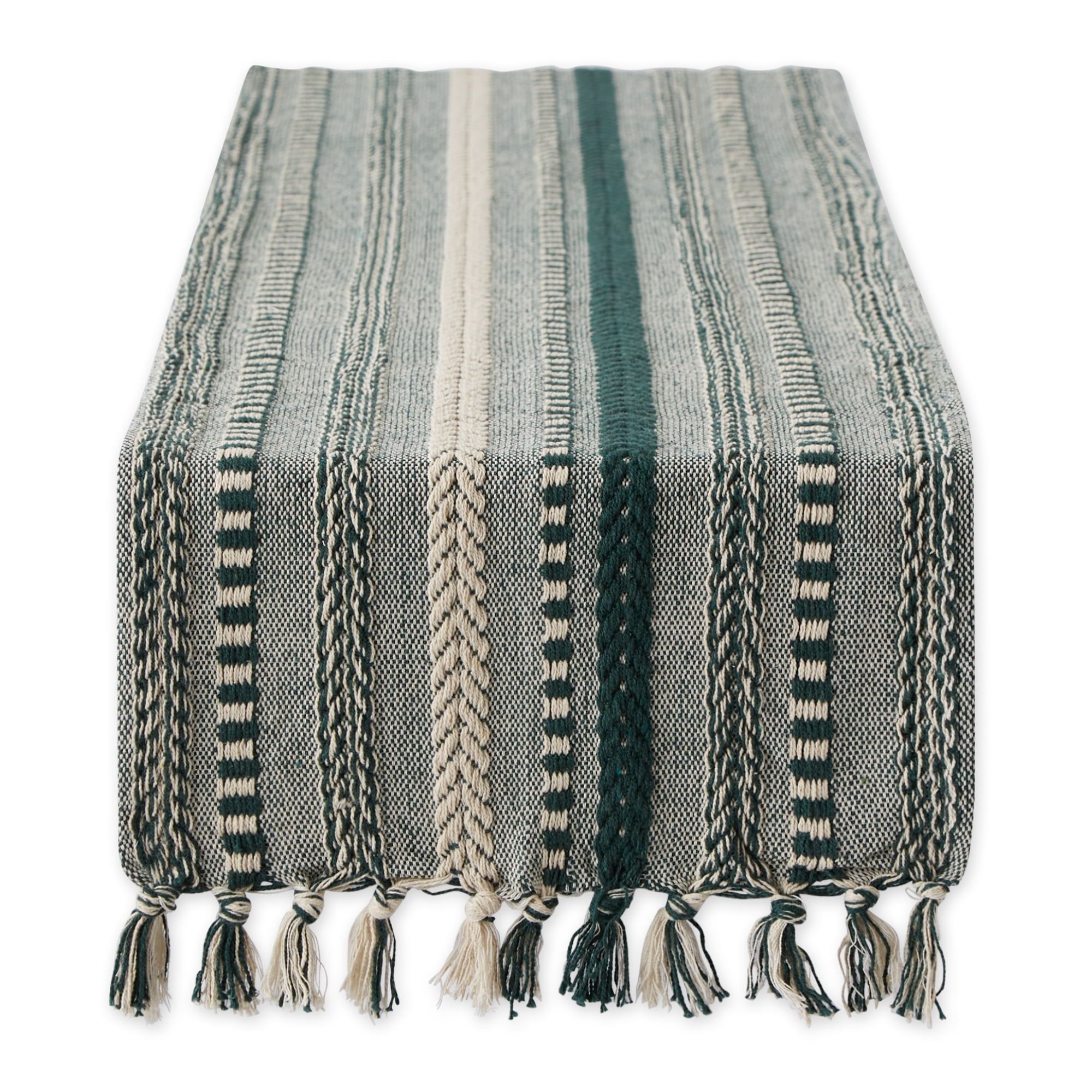 Dark Green and Beige Cotton Braided Stripe Table Runner with Fringe