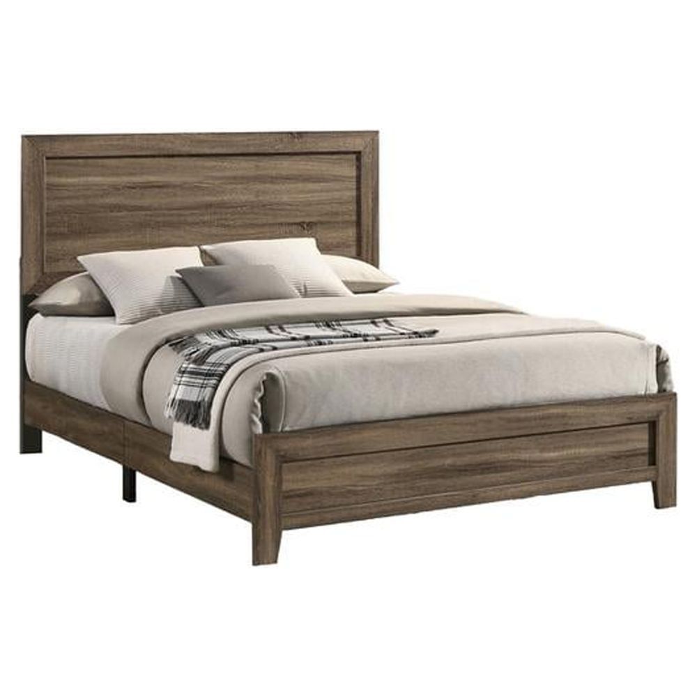 Queen Dark Walnut Upholstered Wood Panel Bed