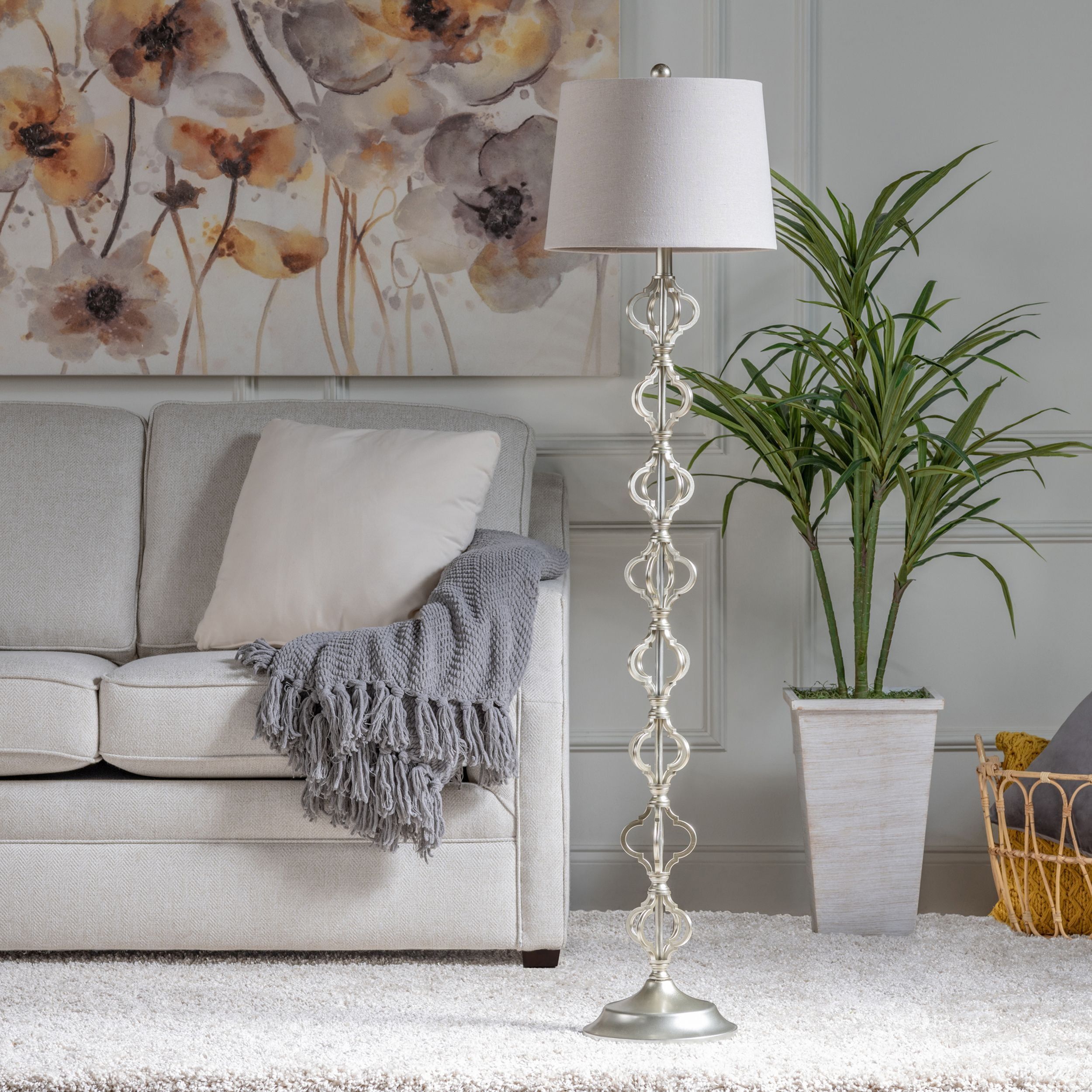 Polished Silver Metal Floor Lamp with Linen Shade