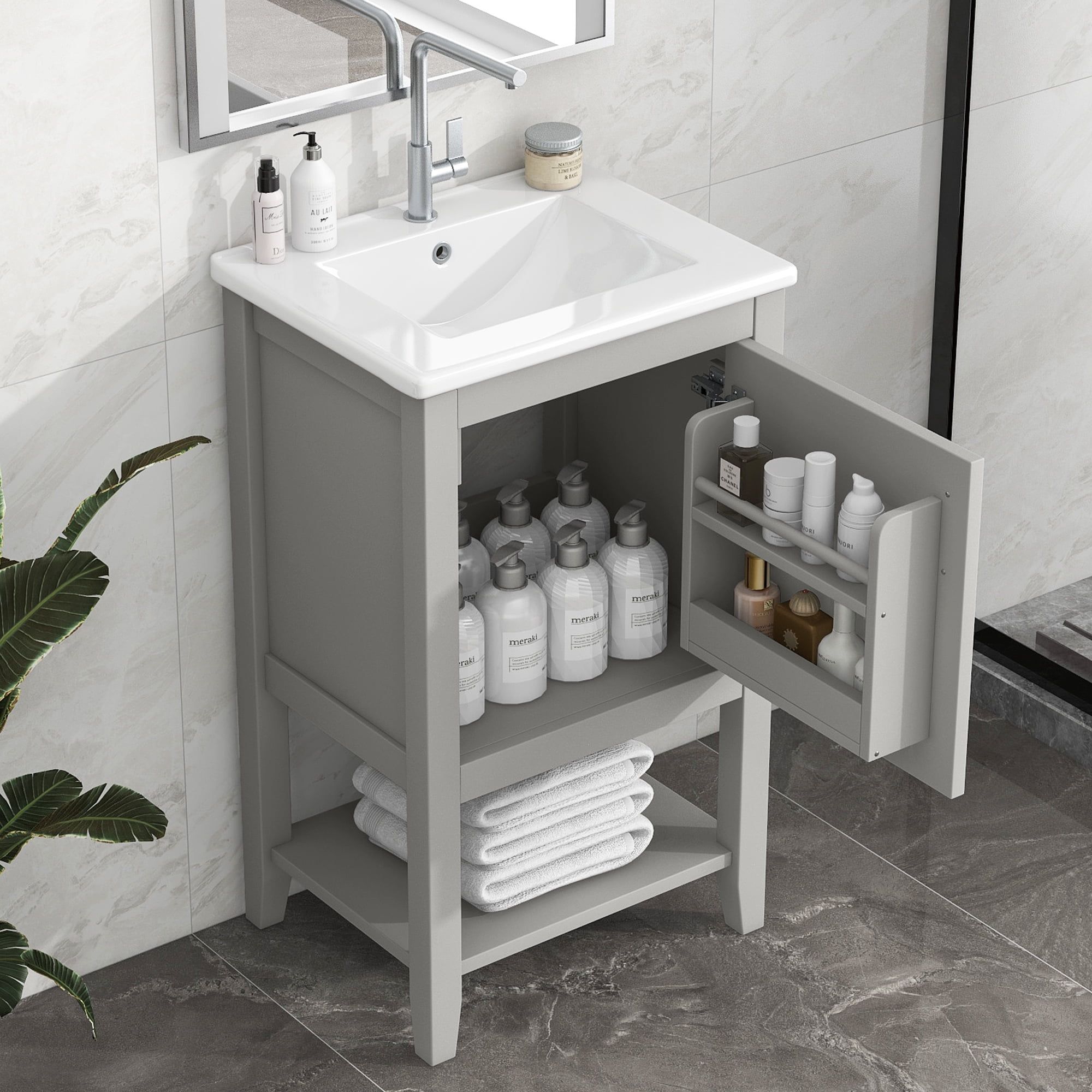 Gray 20" Freestanding Bathroom Vanity with Ceramic Sink