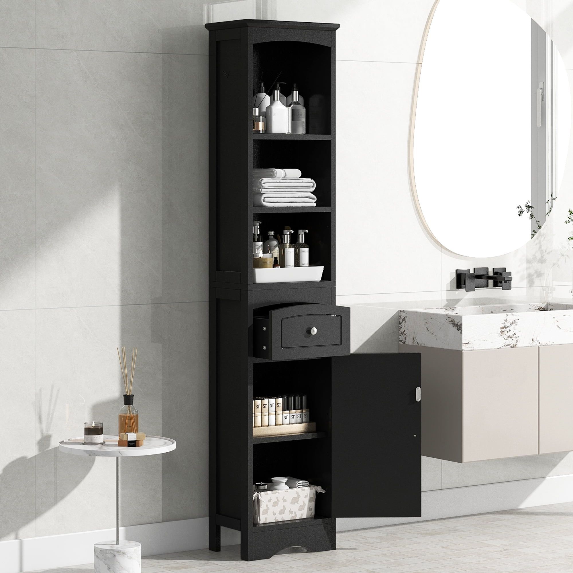 Black MDF Tall Freestanding Bathroom Cabinet with Adjustable Shelves