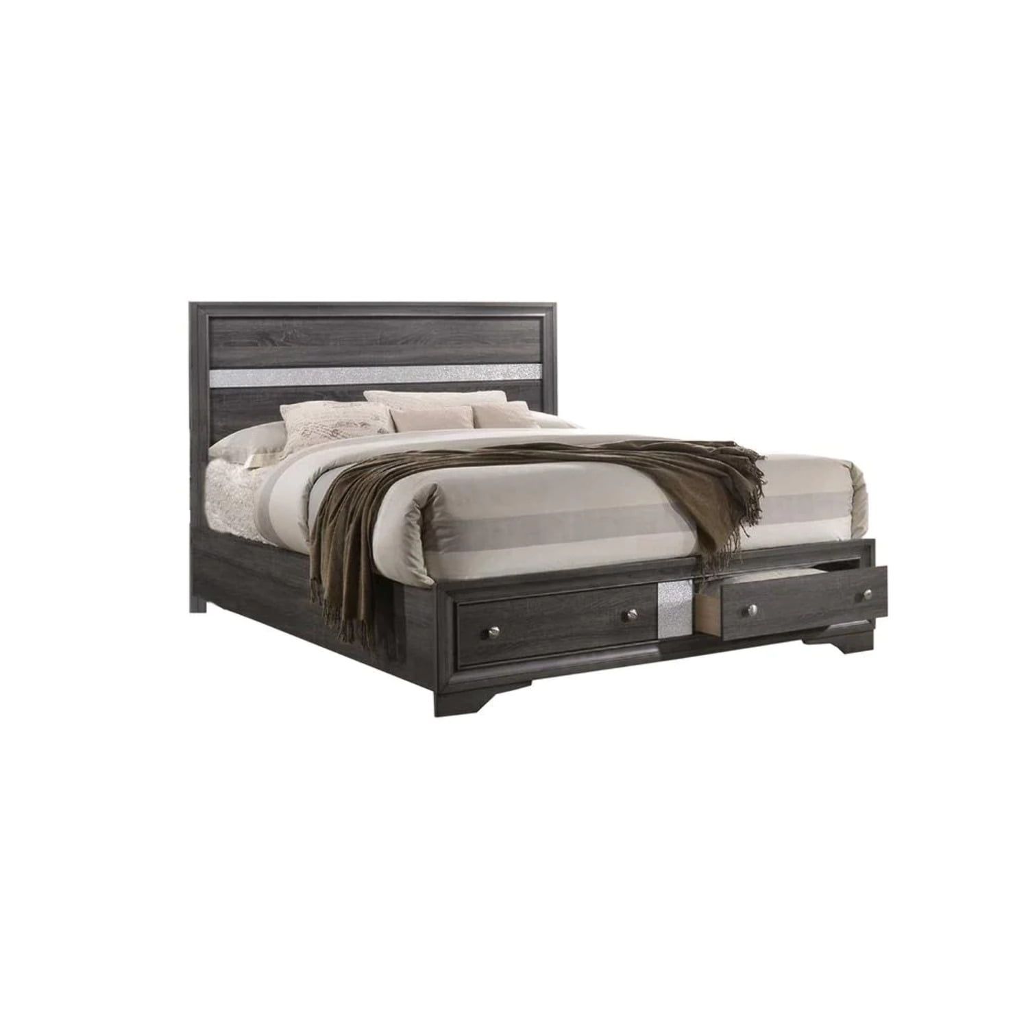 Catherine Full Double Gray Wood Bedframe with Silver Detailing and Drawer Storage