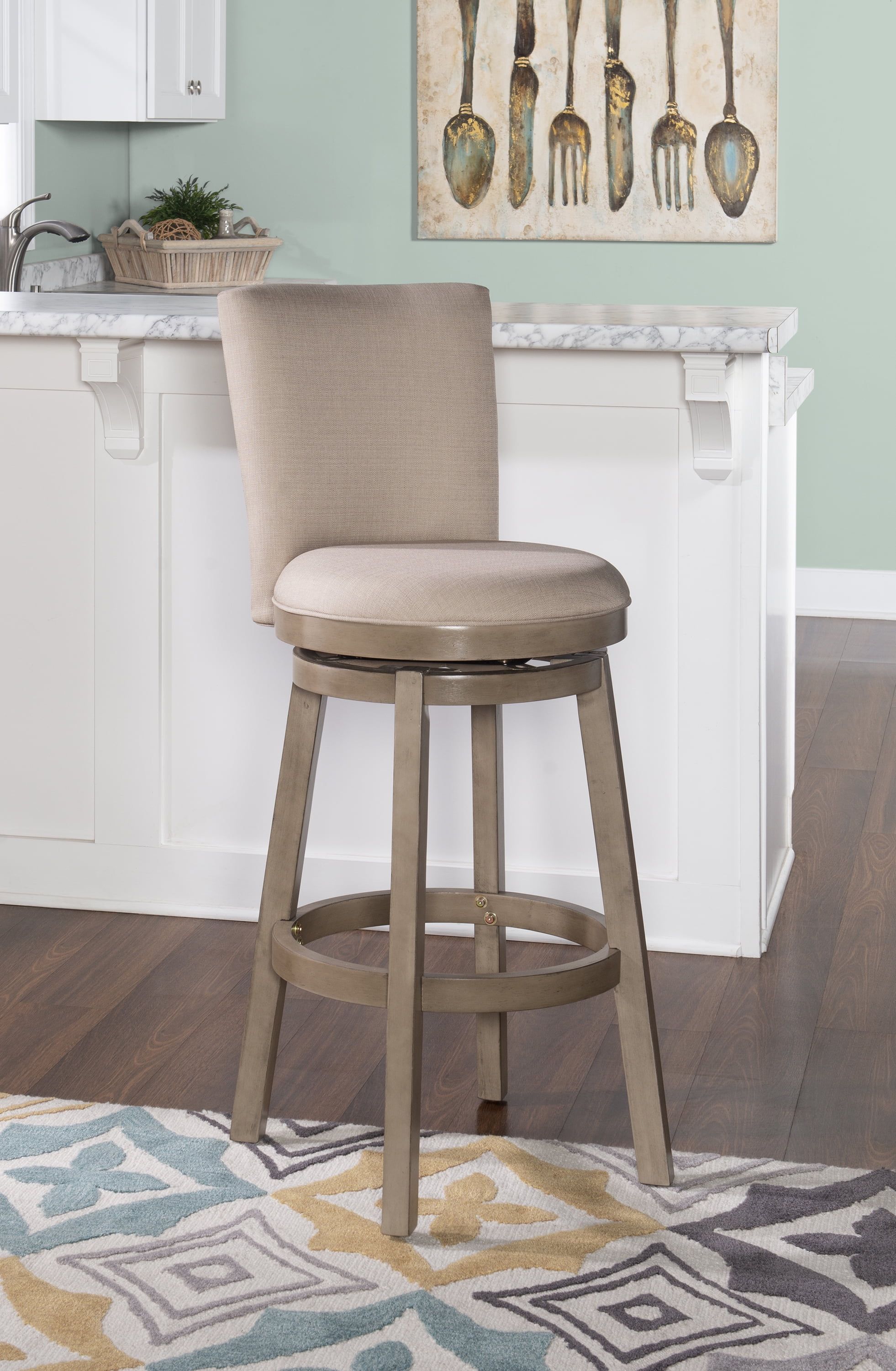 Davis Traditional White Rubberwood Swivel Barstool with Linen Upholstery