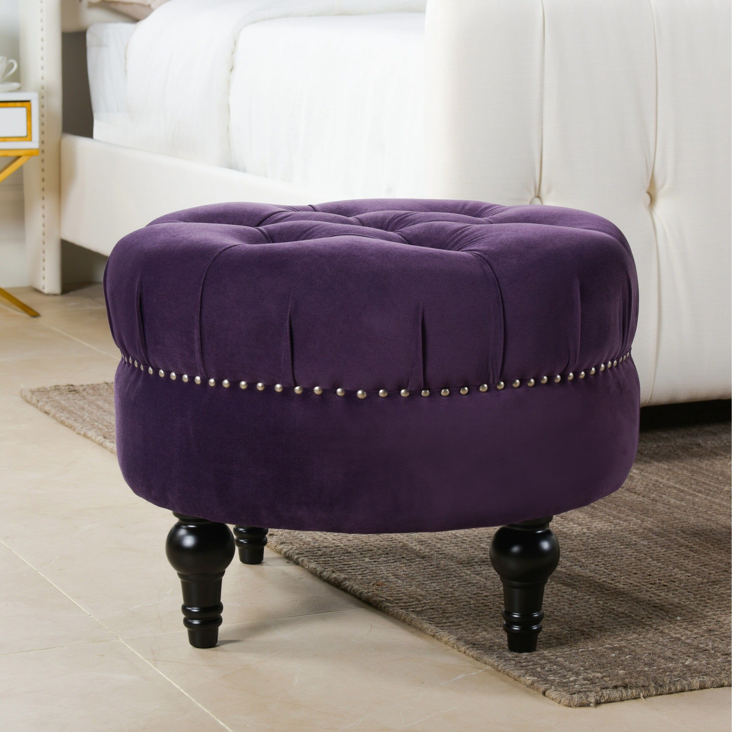 Purple Velvet Tufted Round Ottoman with Nailhead Accents