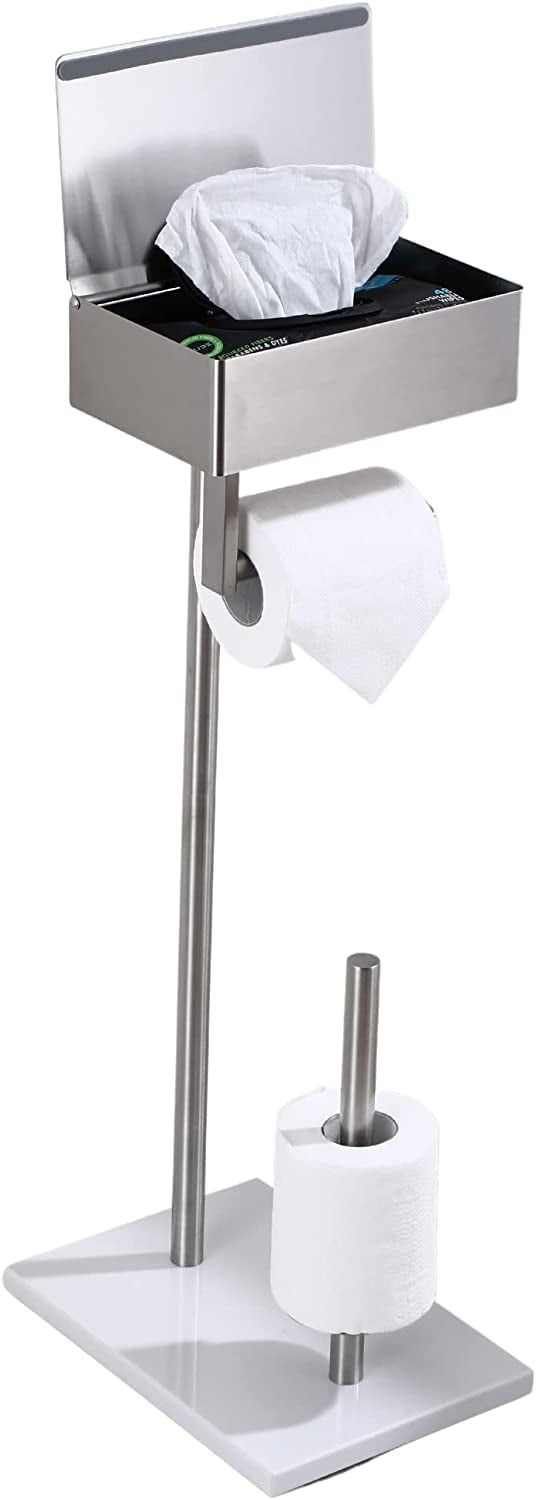 Brushed Nickel Free Standing Toilet Paper Holder with Storage and Shelf