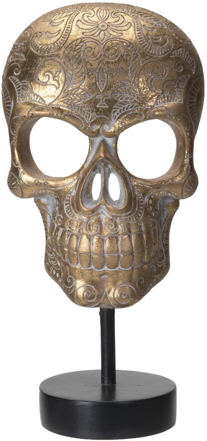 Gold Floral Sugar Skull Mask on Black Stand