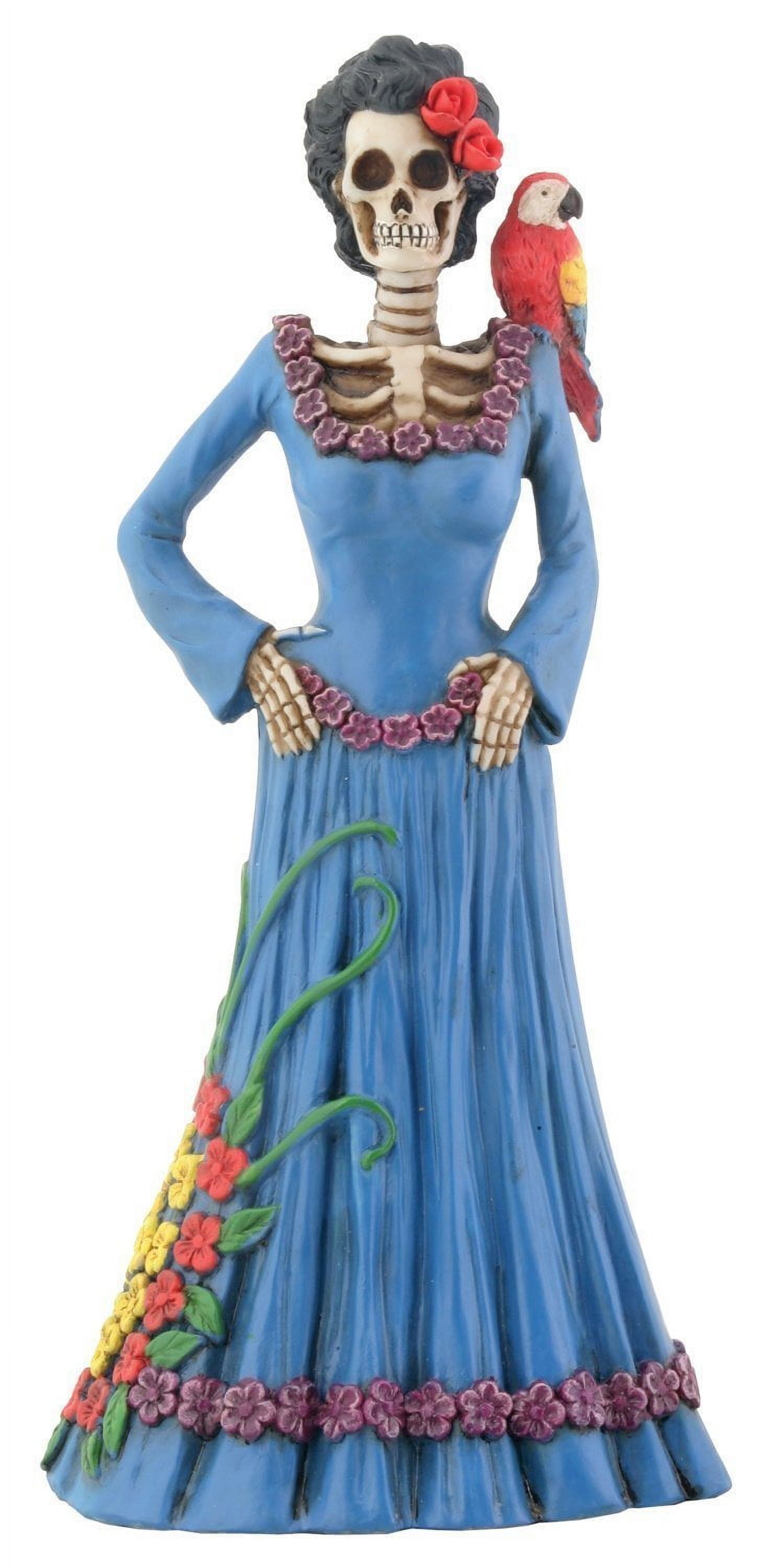 Blue Day of the Dead Lady Figurine with Parrot