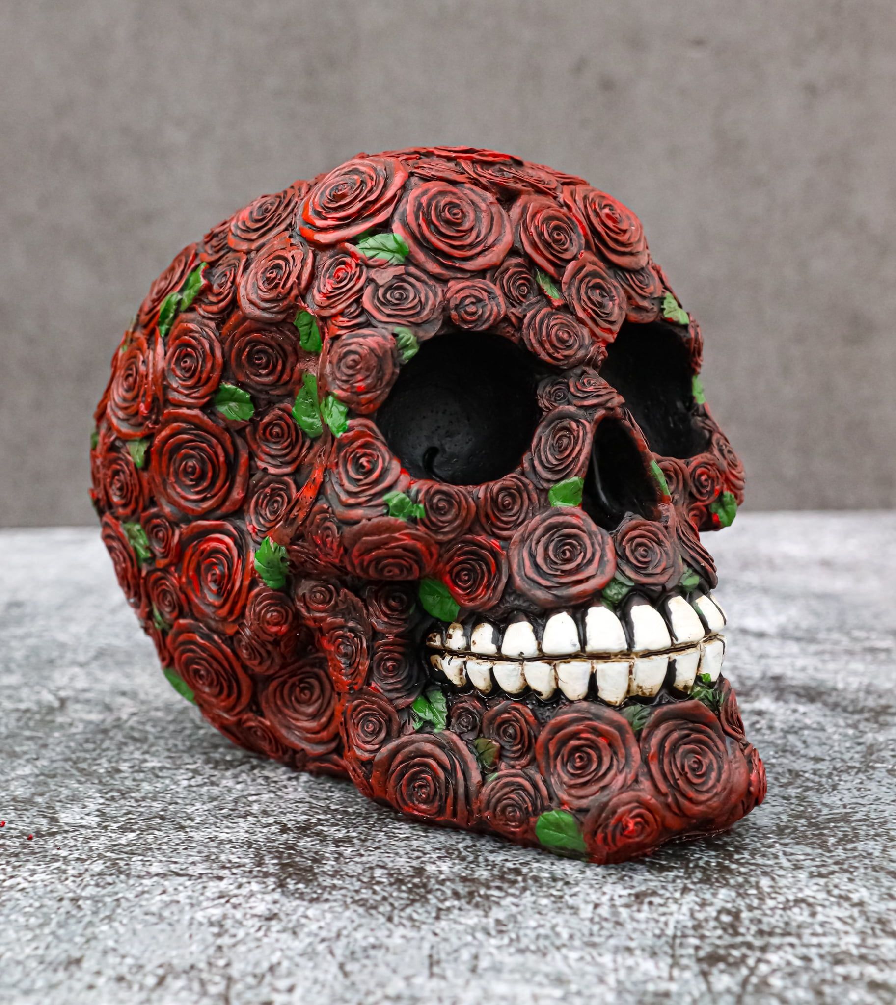 Day of the Dead Red Floral Resin Skull Figurine