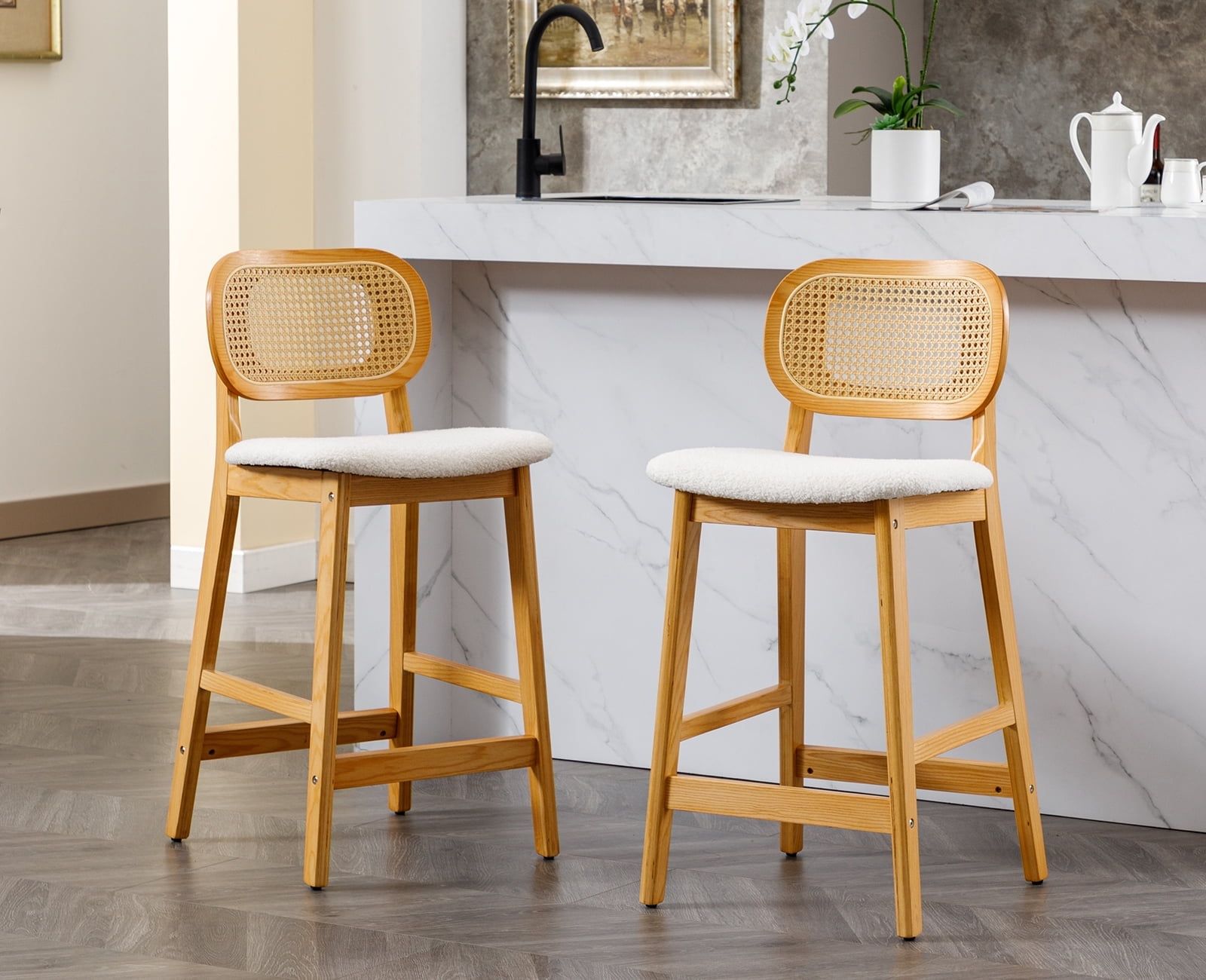 Natural Wood Bar Stools with White Fabric Cushions and Rattan Back