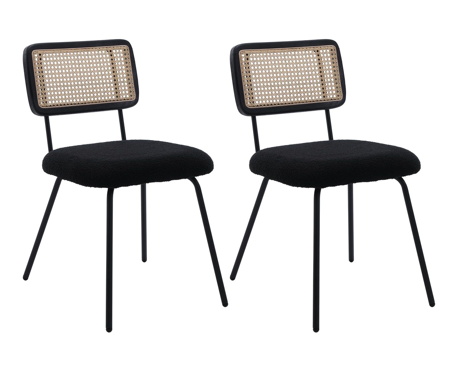 Black Rattan and Cane Upholstered Dining Chairs, Set of 2