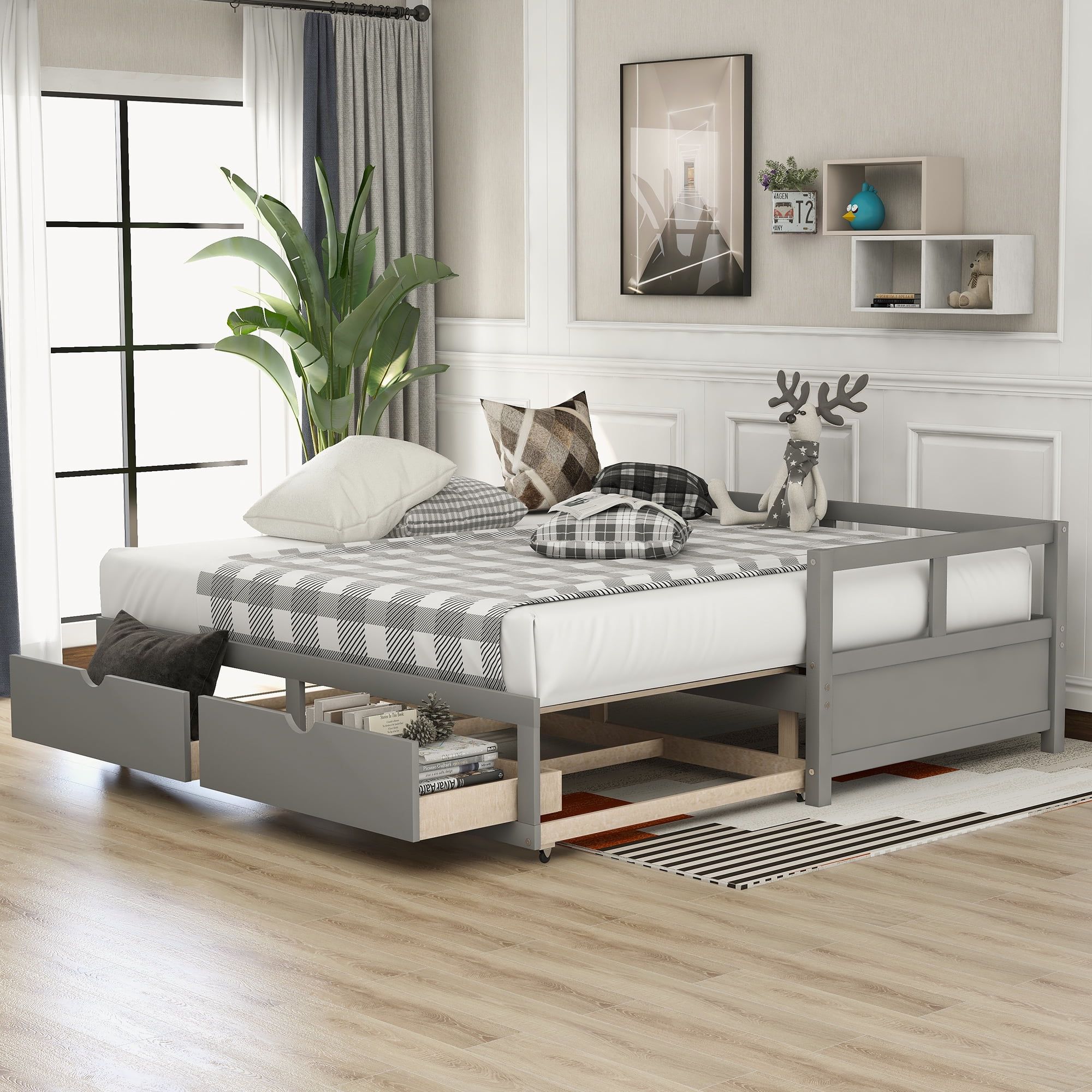 Gray Twin Pine Wood Daybed with Trundle and Storage Drawers