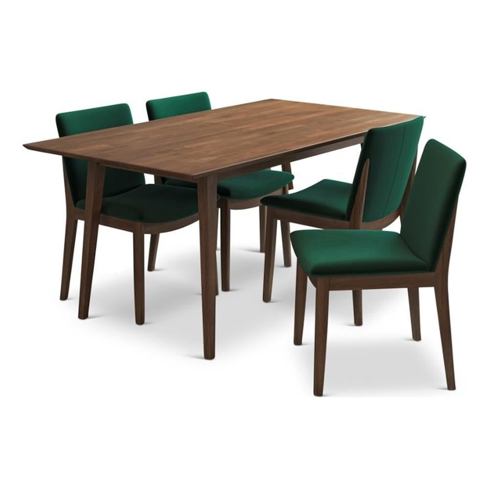 Walnut Solid Wood Dining Table with Green Upholstered Chairs Set