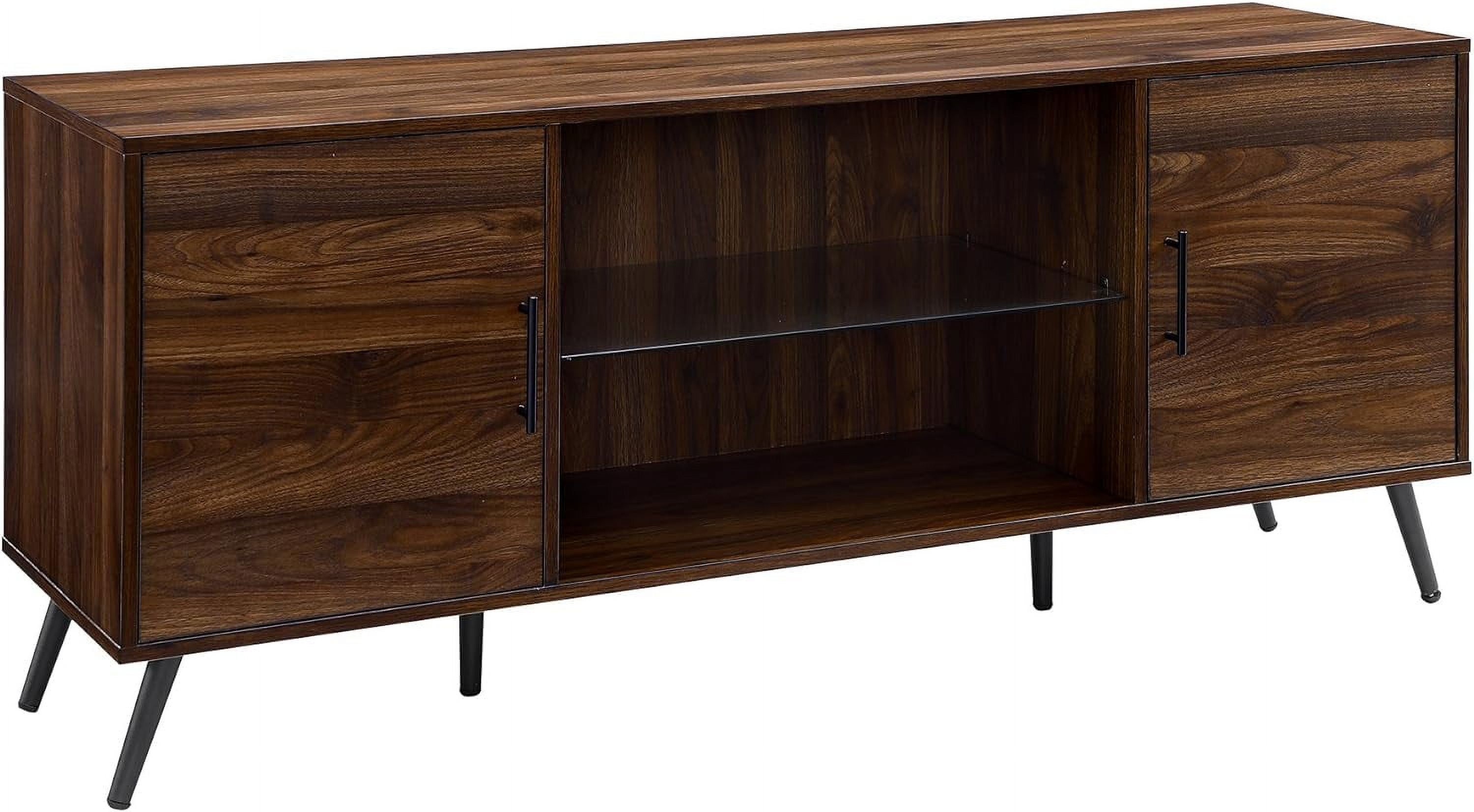 Dark Walnut 60 Inch Mid-Century Modern TV Stand with Glass Shelf